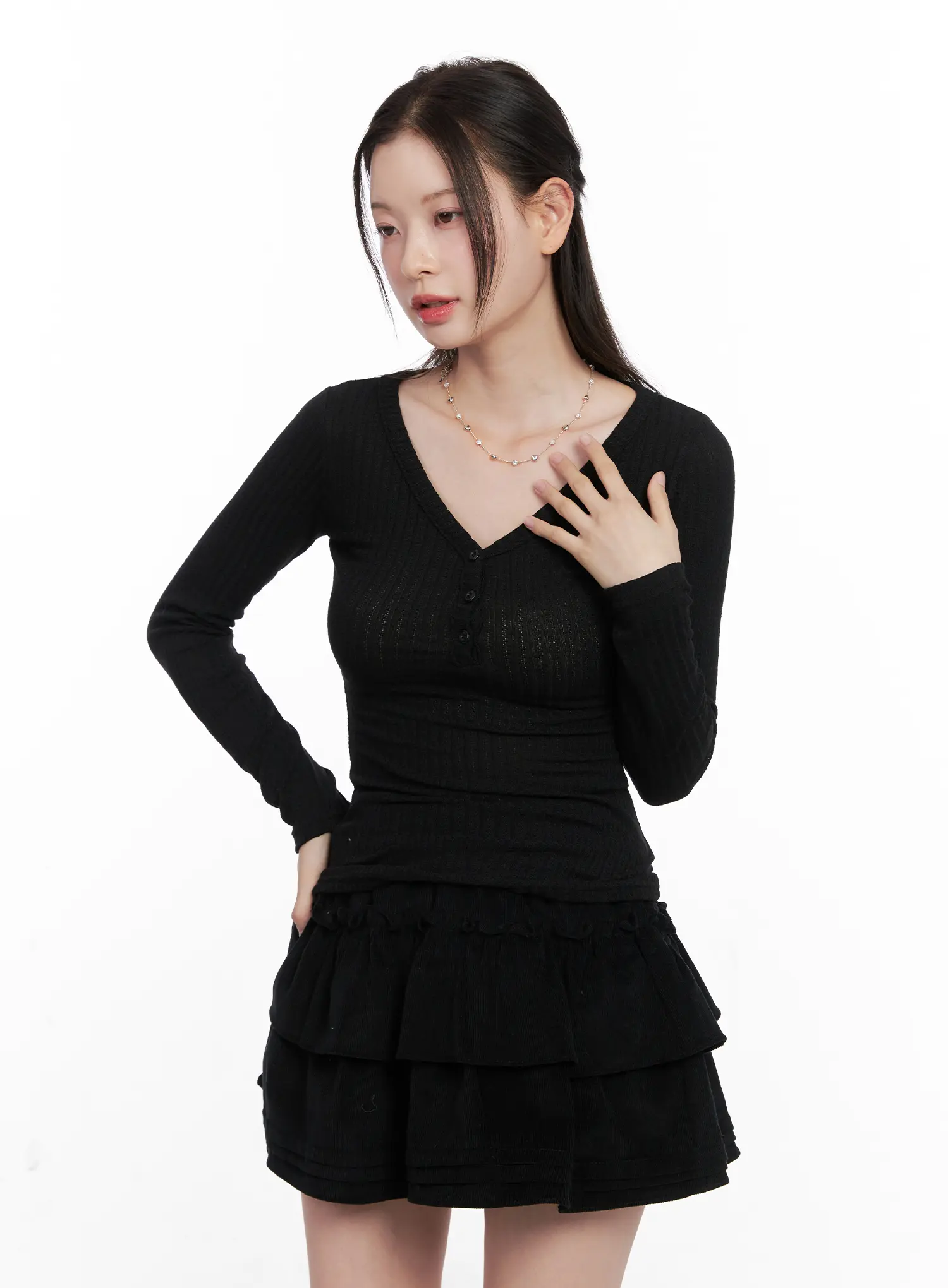 Ribbed Button V-Neck Long Sleeve CO531 - Image 8