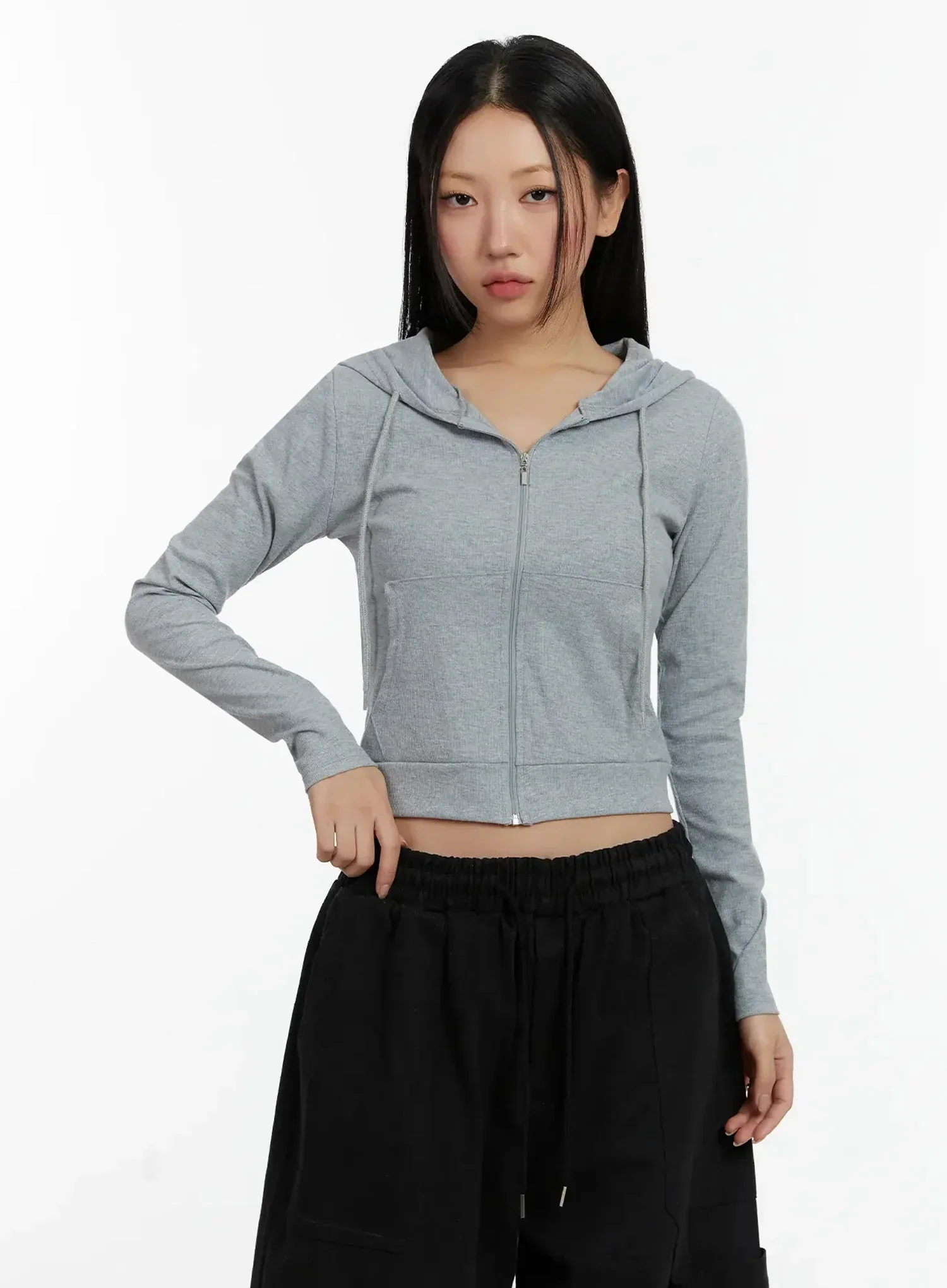 Ribbed Crop Zip-Up Hoodie ID525 - Image 3