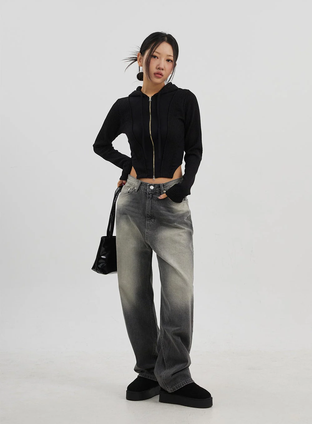 Ribbed Cropped Zip-Up Hoodie CJ330 - Image 3