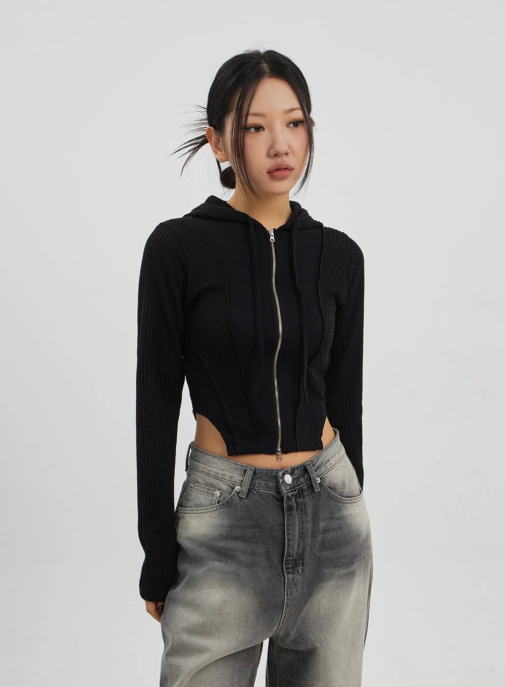 Ribbed Cropped Zip-Up Hoodie CJ330 - Image 5