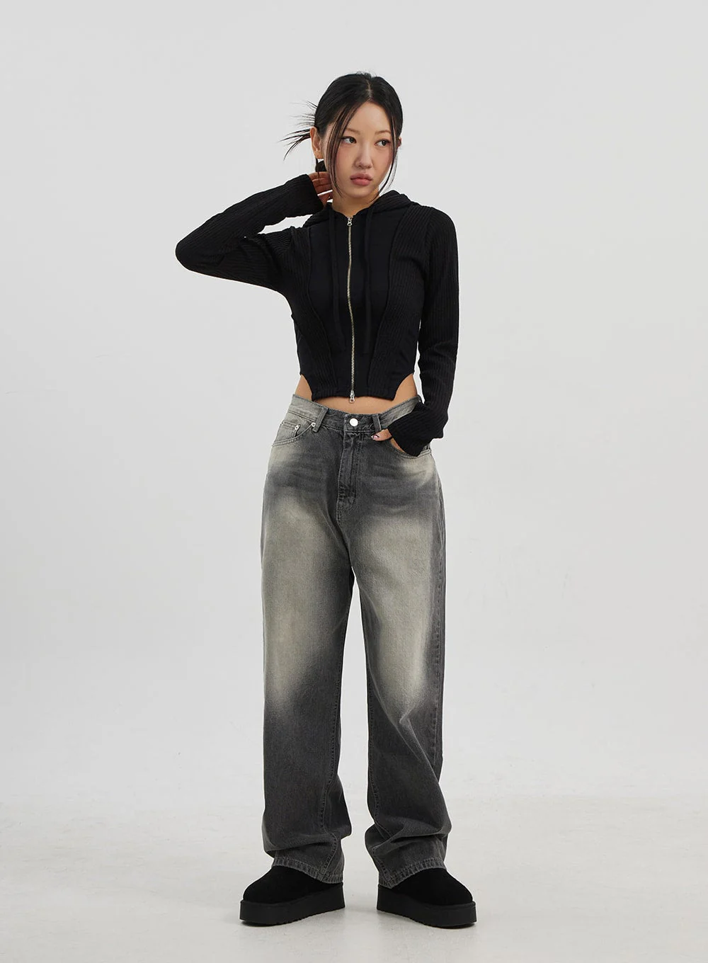 Ribbed Cropped Zip-Up Hoodie CJ330 - Image 8