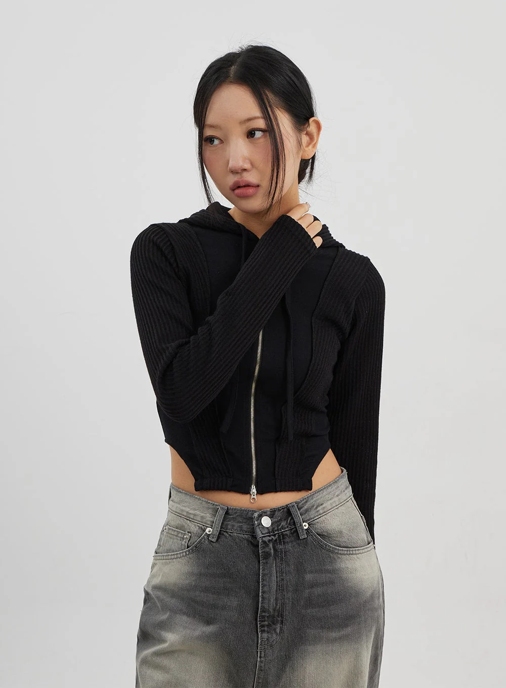 Ribbed Cropped Zip-Up Hoodie CJ330 - Image 9