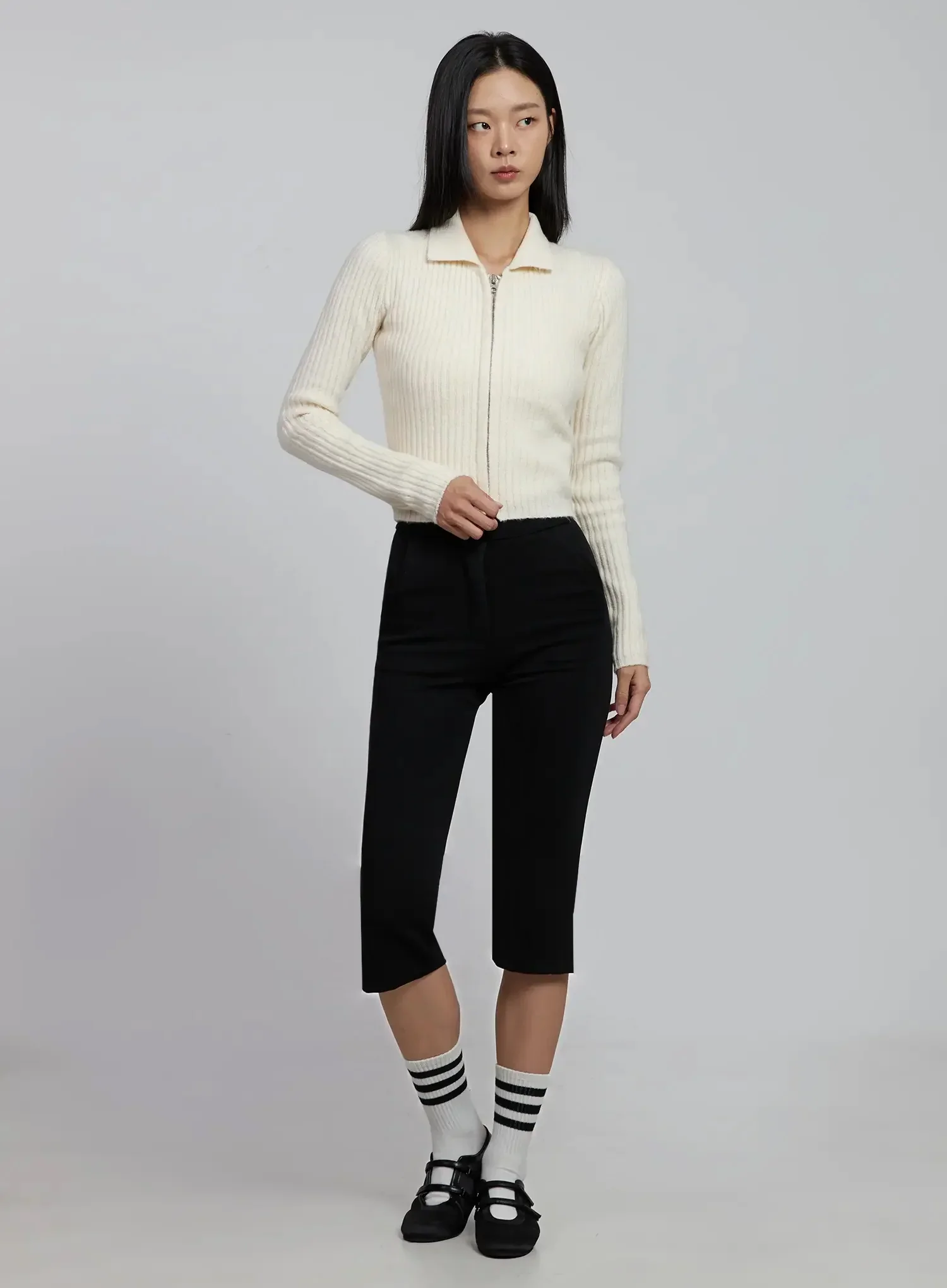 Ribbed Knit Collared Zip-Up IM520 - Image 11