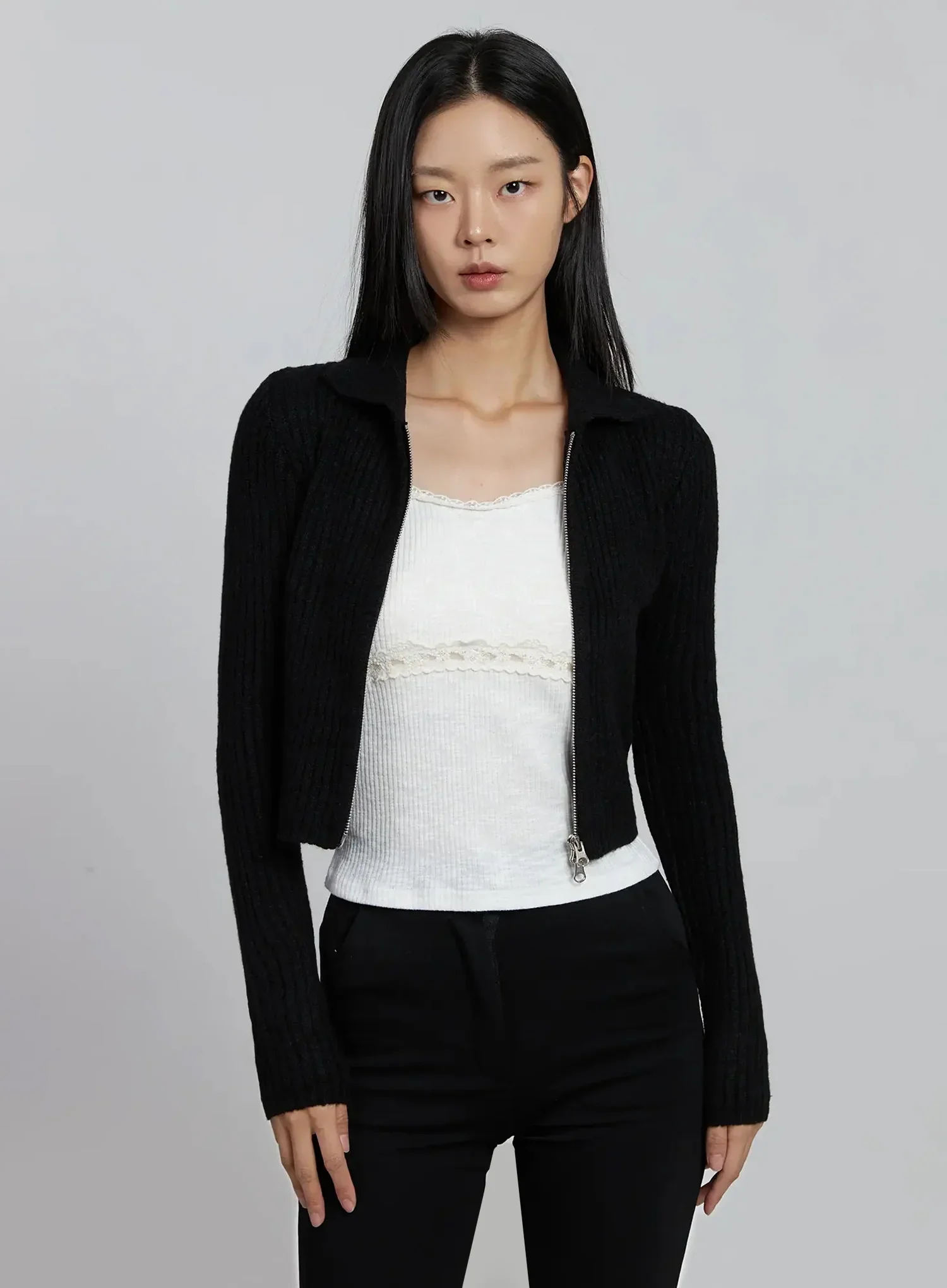 Ribbed Knit Collared Zip-Up IM520 - Image 15