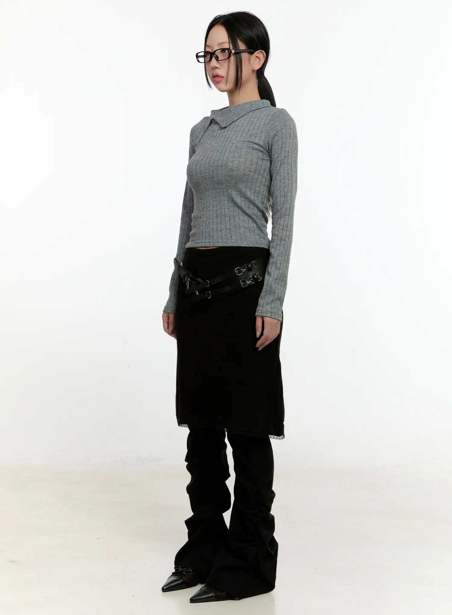 Ribbed Knit Lace Midi Skirt CN505