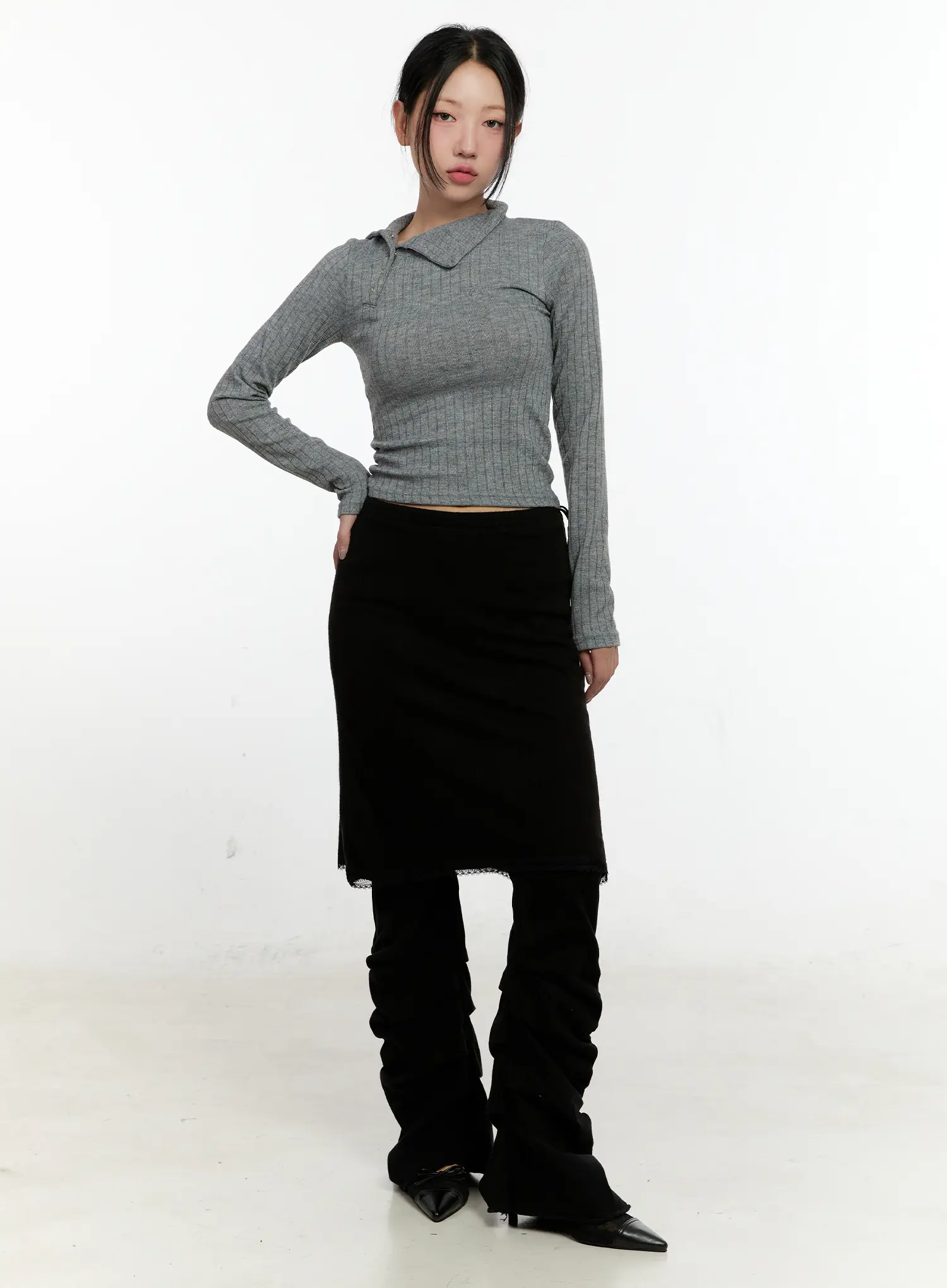 Ribbed Knit Lace Midi Skirt CN505 - Image 3