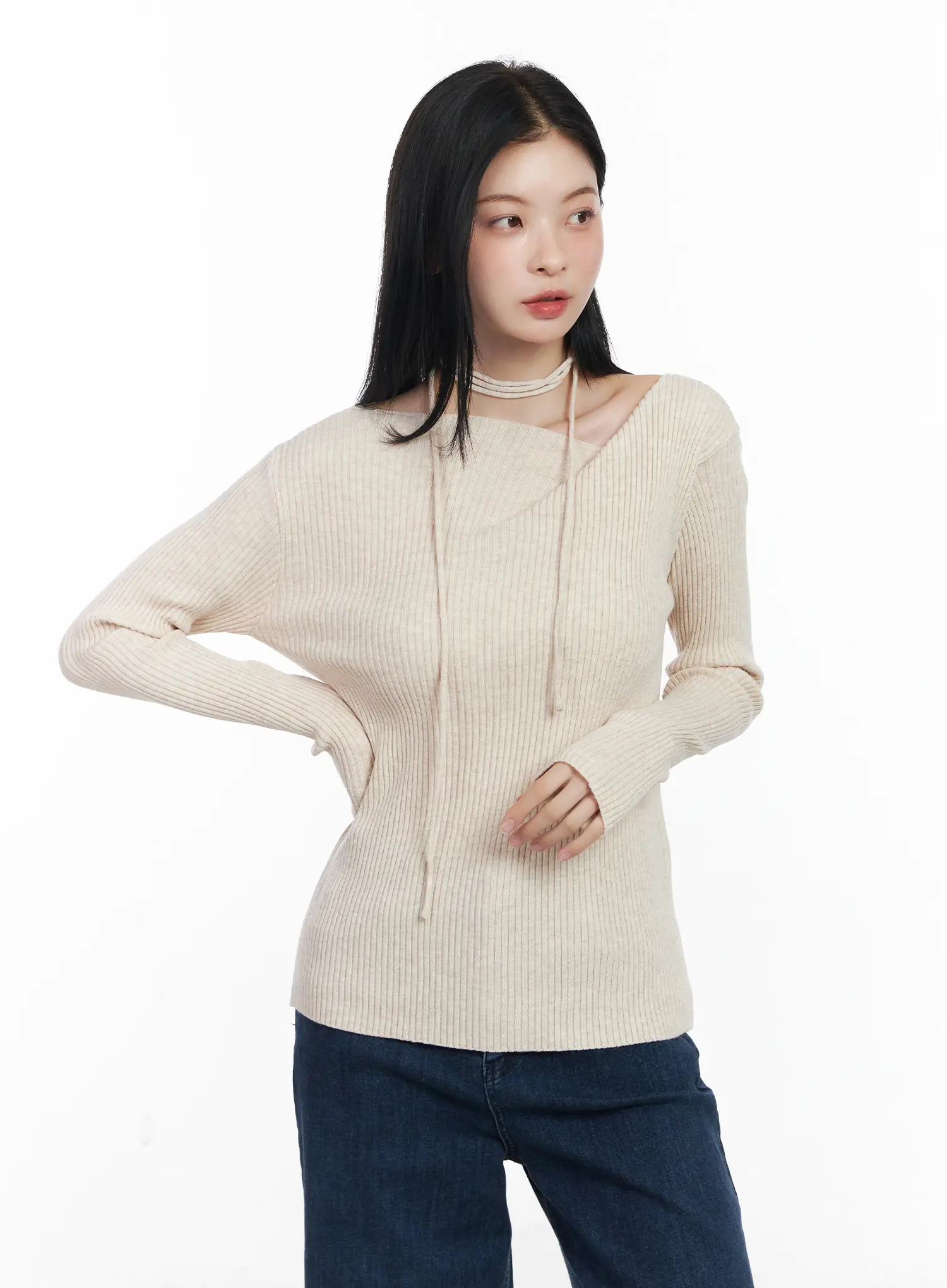 Ribbed Knit Long Sleeve Top With Tie Detail CJ520 - Image 2