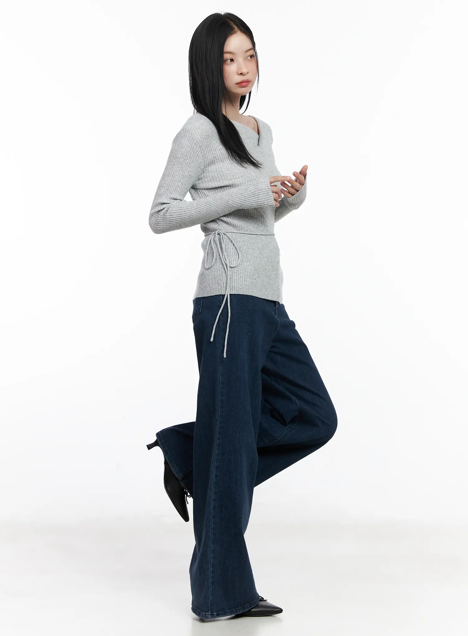 Ribbed Knit Long Sleeve Top With Tie Detail CJ520 - Image 4