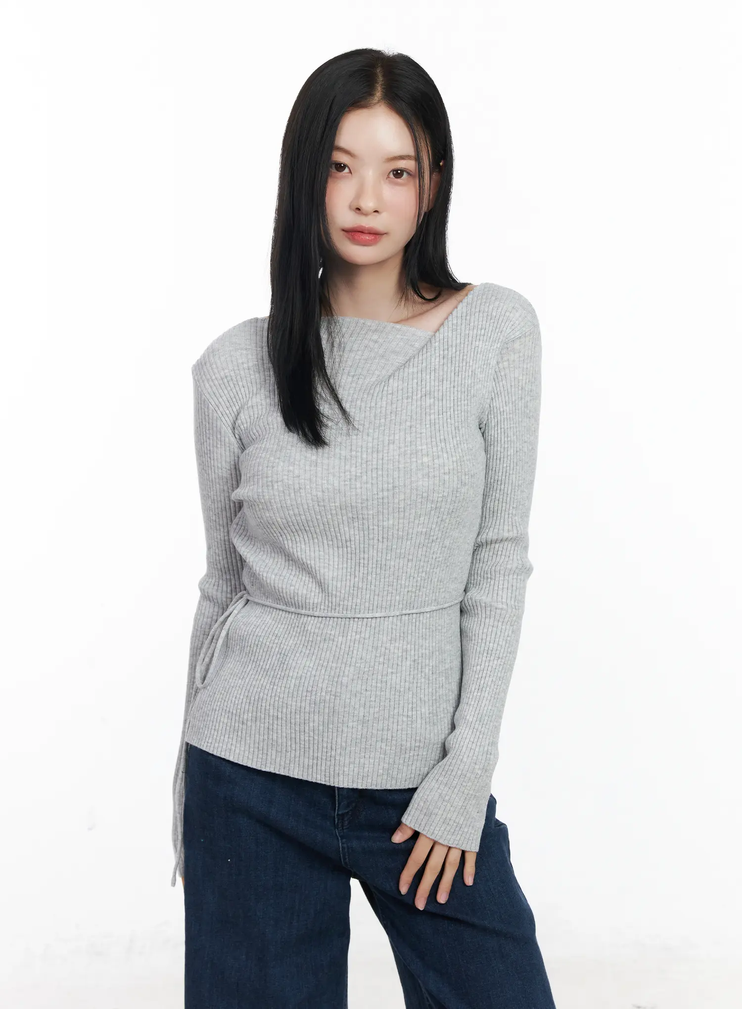 Ribbed Knit Long Sleeve Top With Tie Detail CJ520 - Image 6