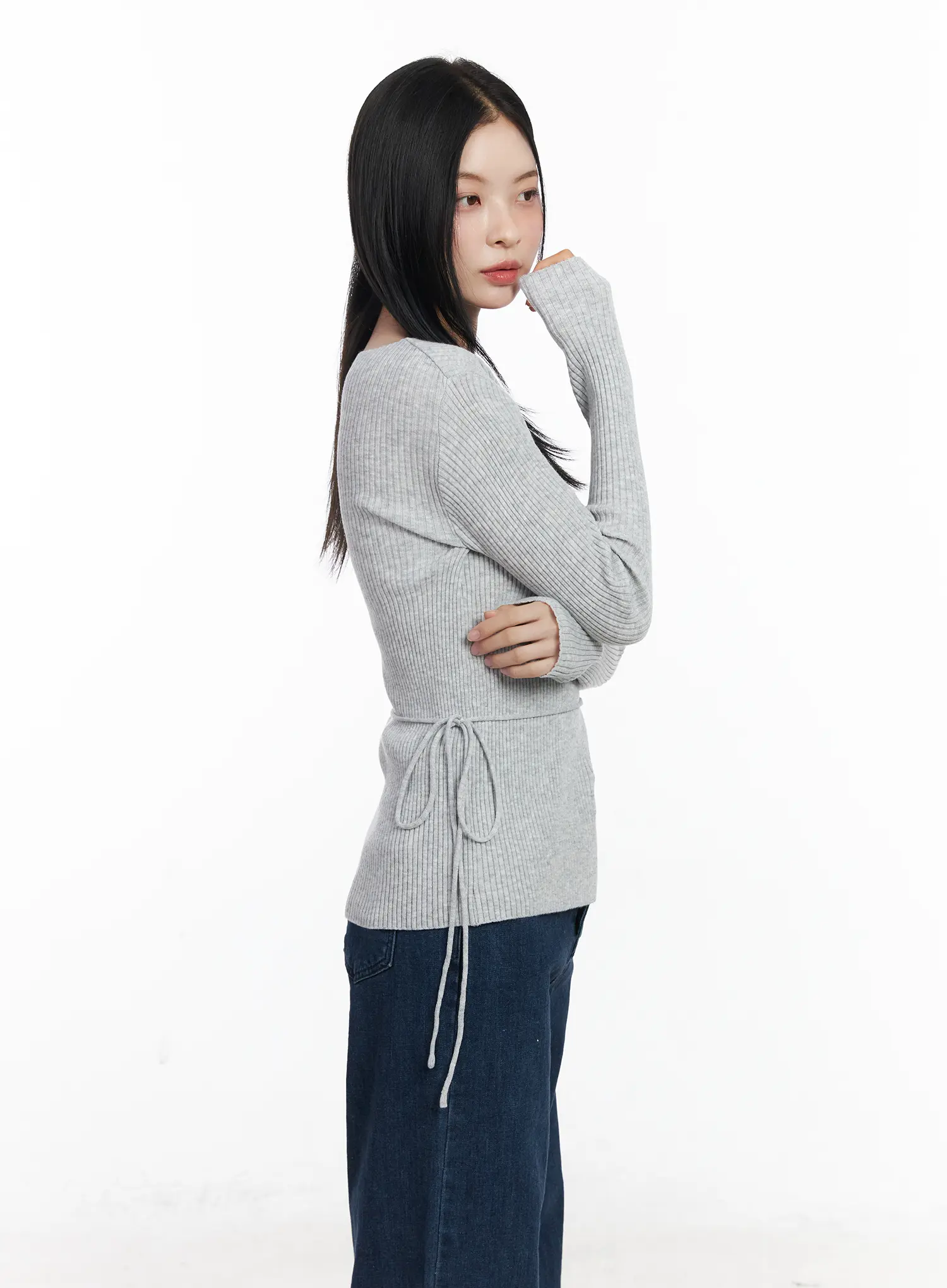 Ribbed Knit Long Sleeve Top With Tie Detail CJ520 - Image 7