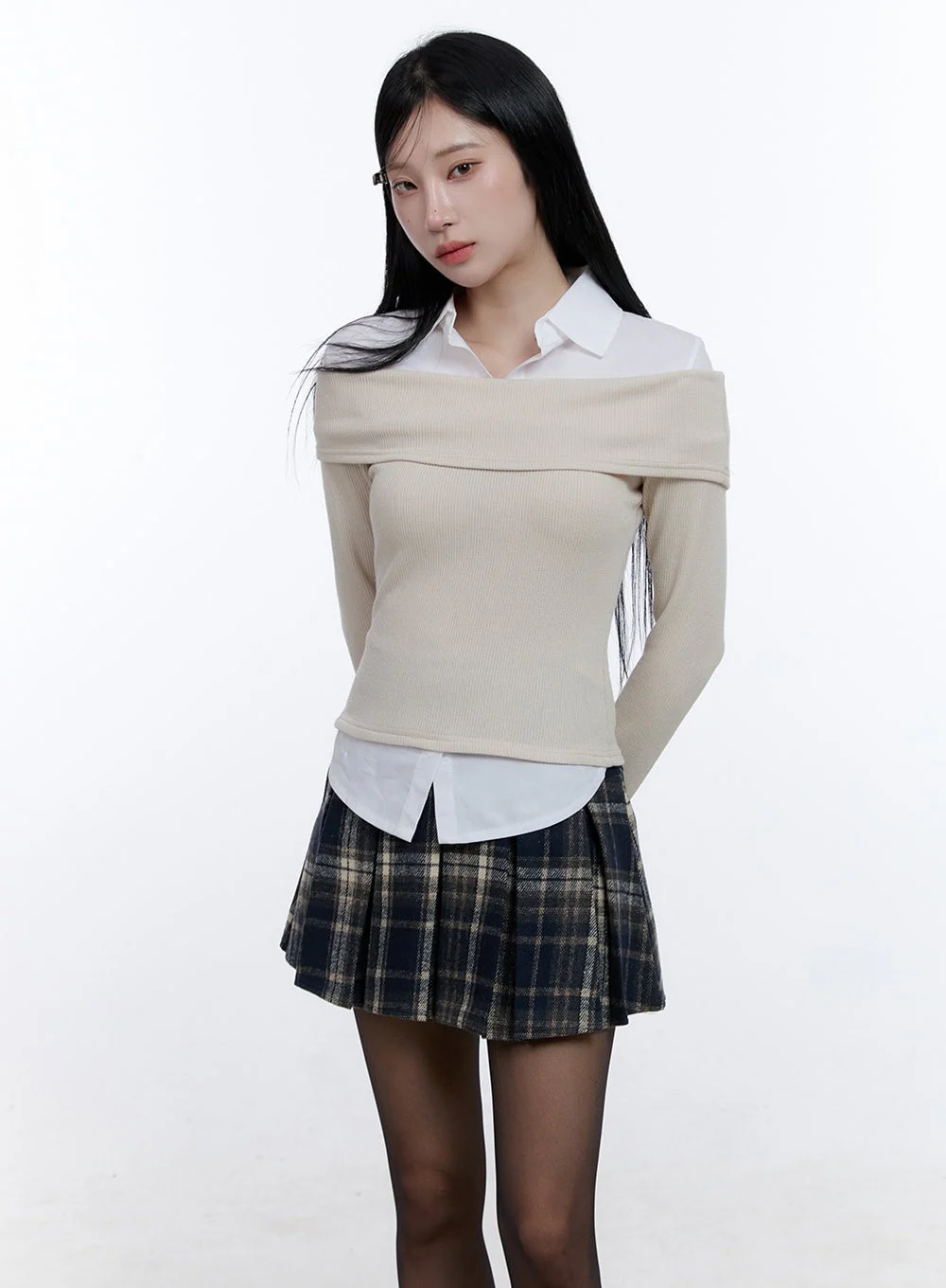 Ribbed Off-Shoulder Long Sleeve Top CD419
