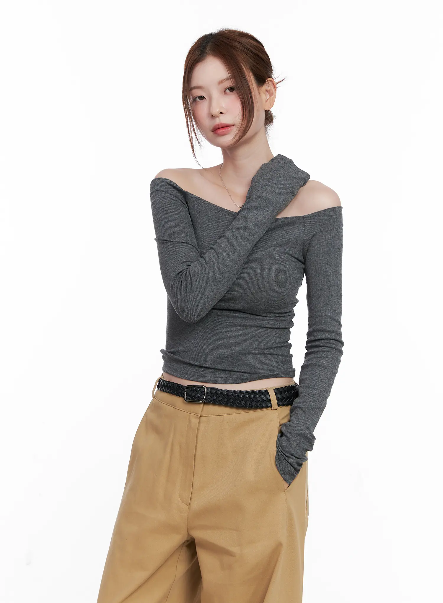 Ribbed Off-Shoulder Long Sleeve Top CG520 - Image 2