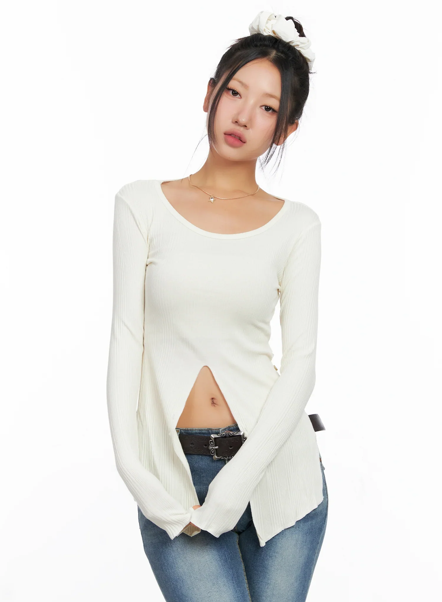 Ribbed U-Neck Button Detail Long Sleeve Top CO514 - Image 10