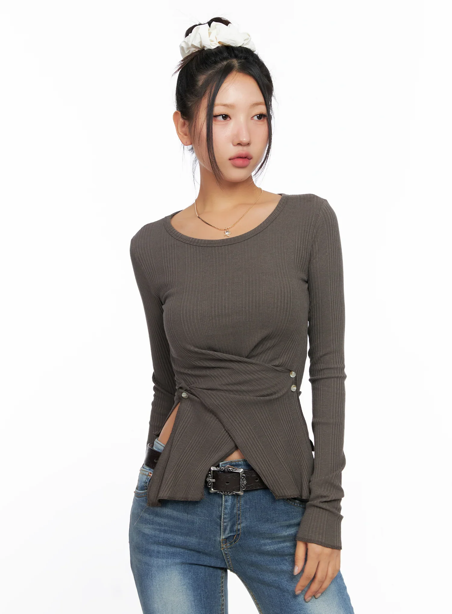 Ribbed U-Neck Button Detail Long Sleeve Top CO514 - Image 2