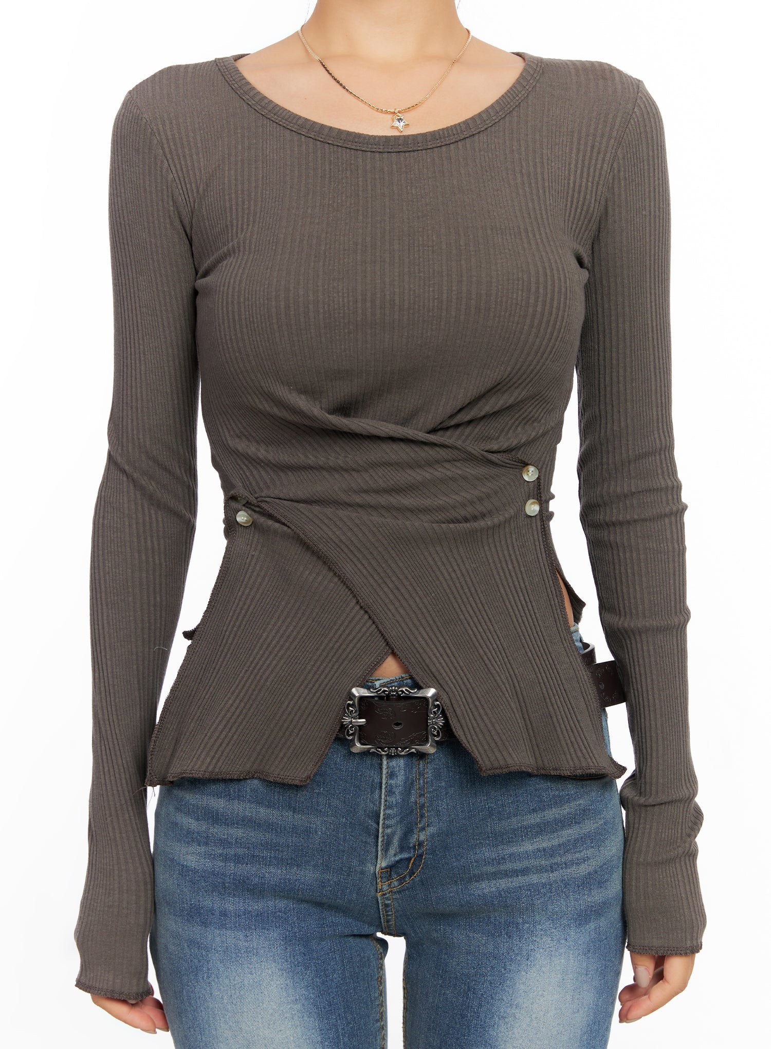 Ribbed U-Neck Button Detail Long Sleeve Top CO514 - Image 5