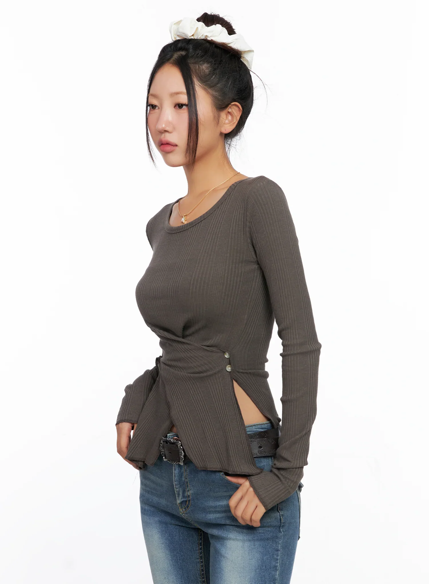 Ribbed U-Neck Button Detail Long Sleeve Top CO514 - Image 6