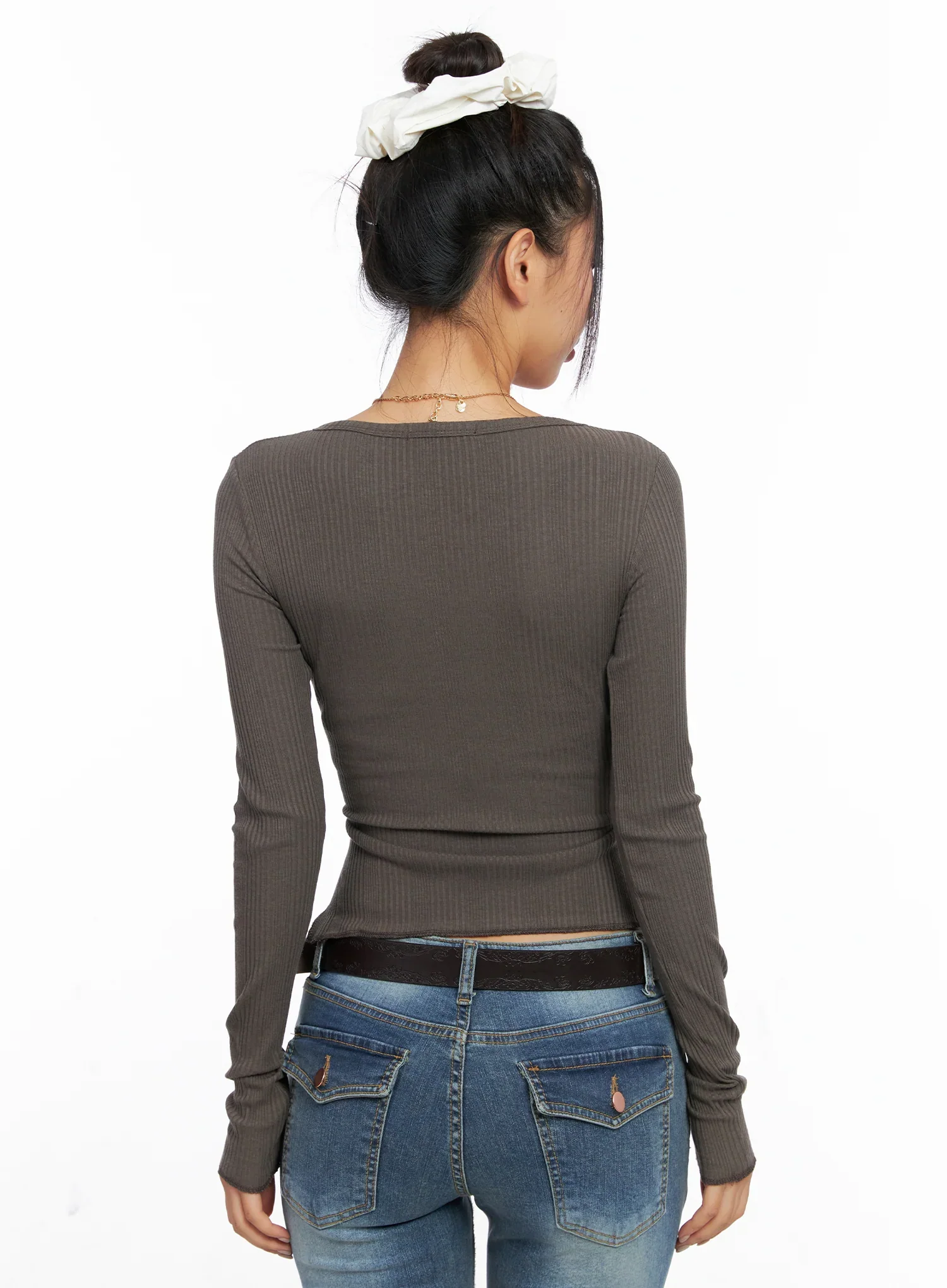 Ribbed U-Neck Button Detail Long Sleeve Top CO514 - Image 8