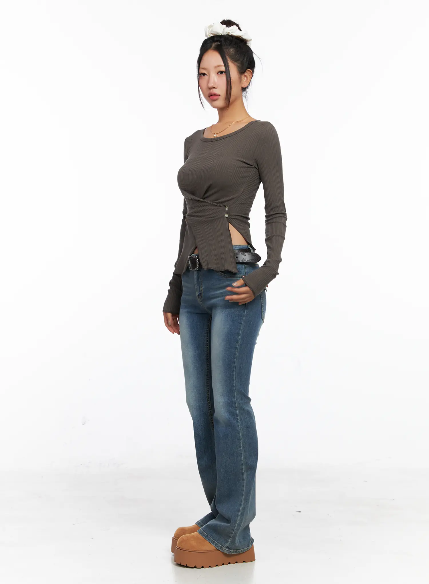 Ribbed U-Neck Button Detail Long Sleeve Top CO514 - Image 9
