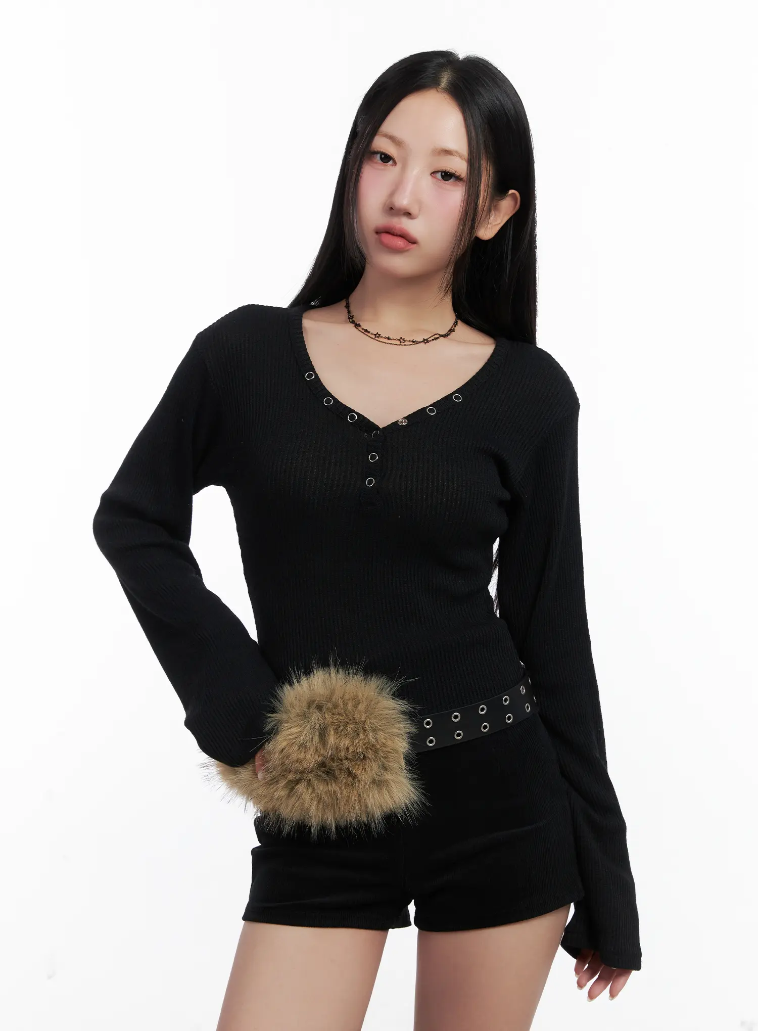 Ribbed V-Neck Slim Long Sleeve Top CN528 - Image 10
