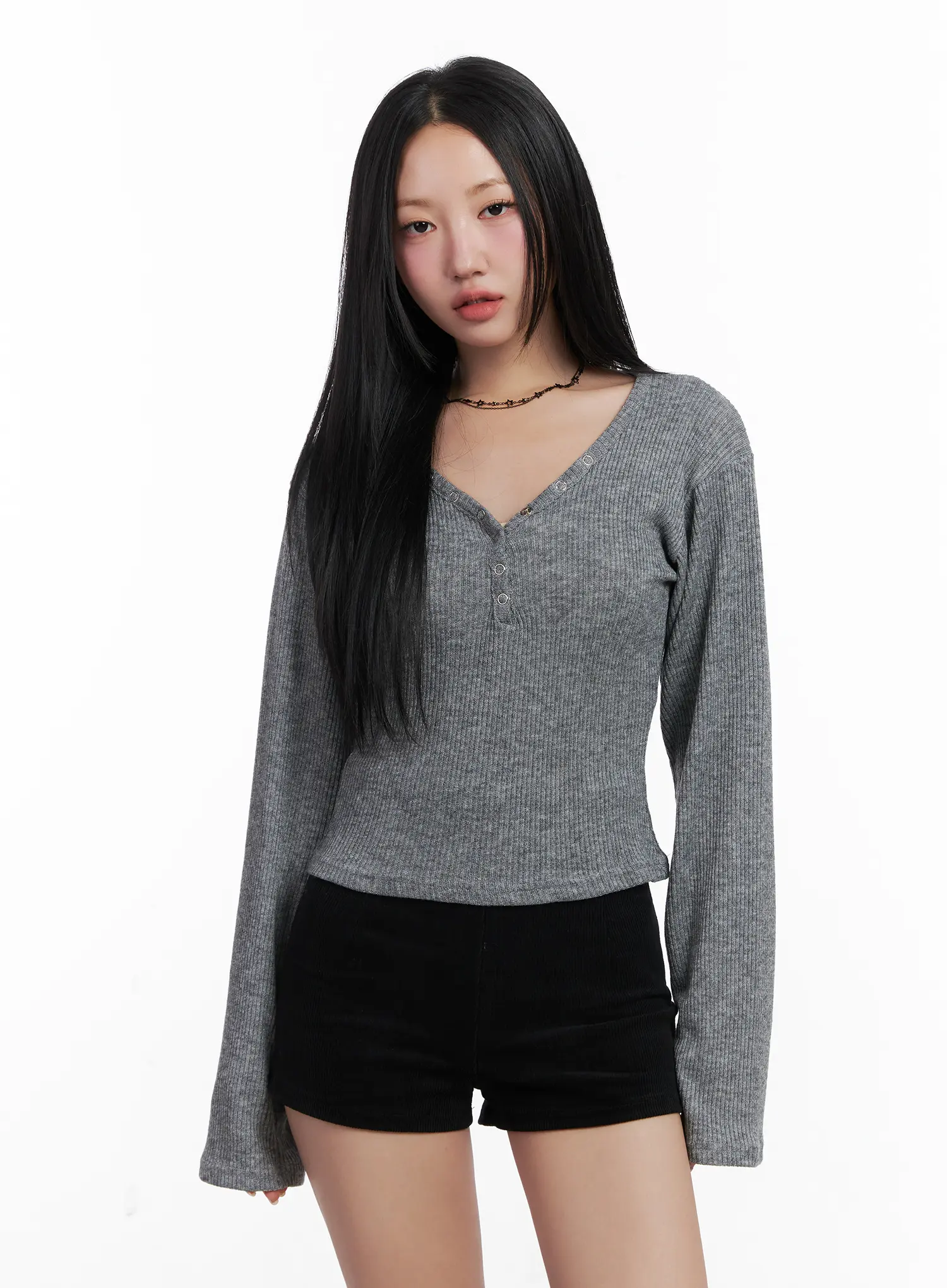 Ribbed V-Neck Slim Long Sleeve Top CN528 - Image 11