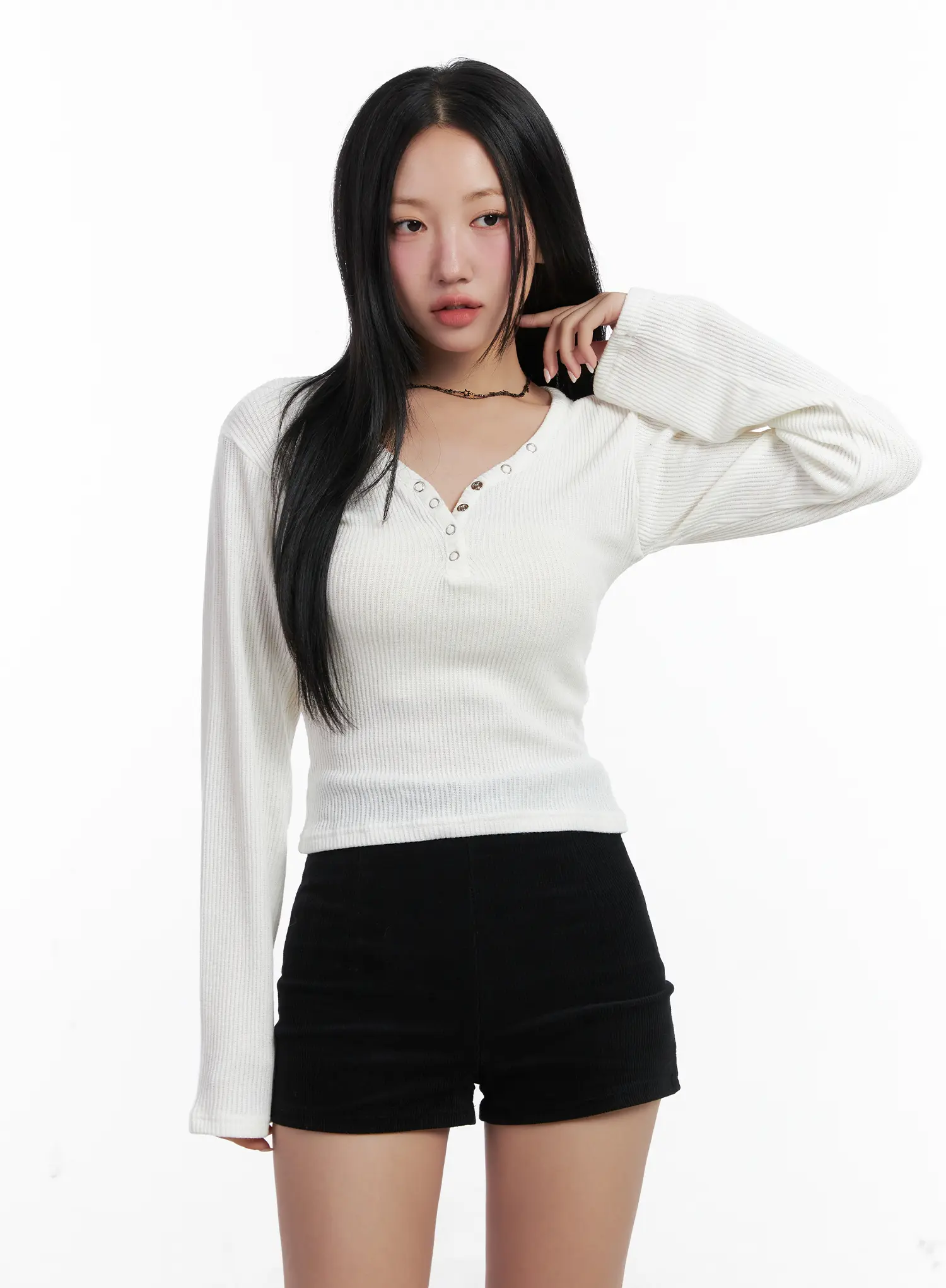 Ribbed V-Neck Slim Long Sleeve Top CN528 - Image 12