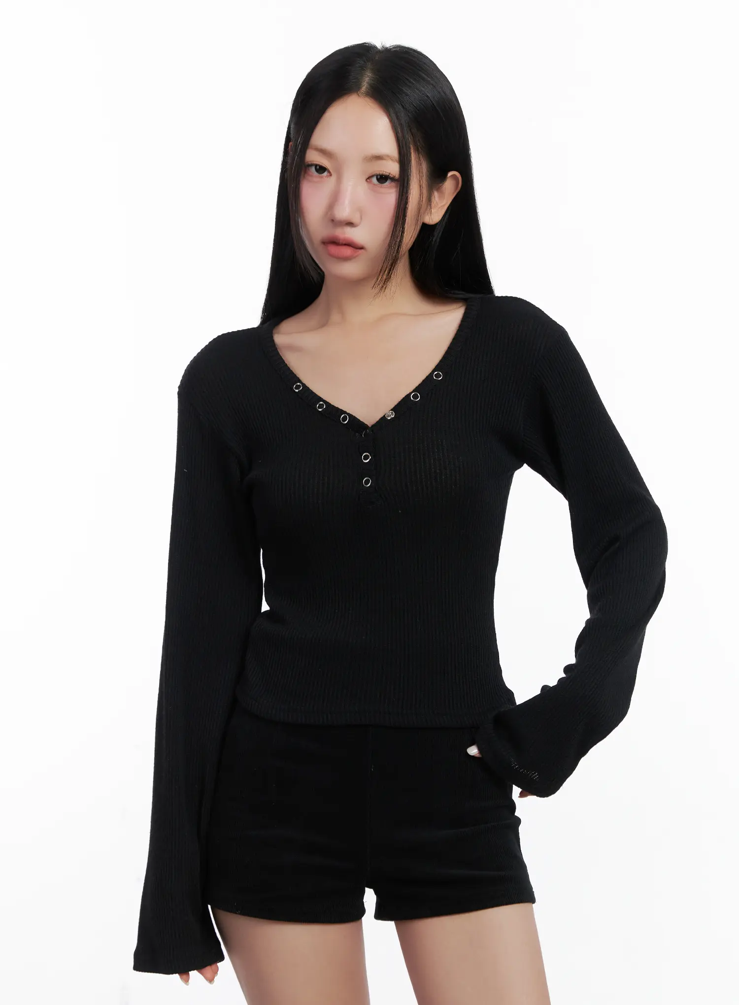 Ribbed V-Neck Slim Long Sleeve Top CN528 - Image 2