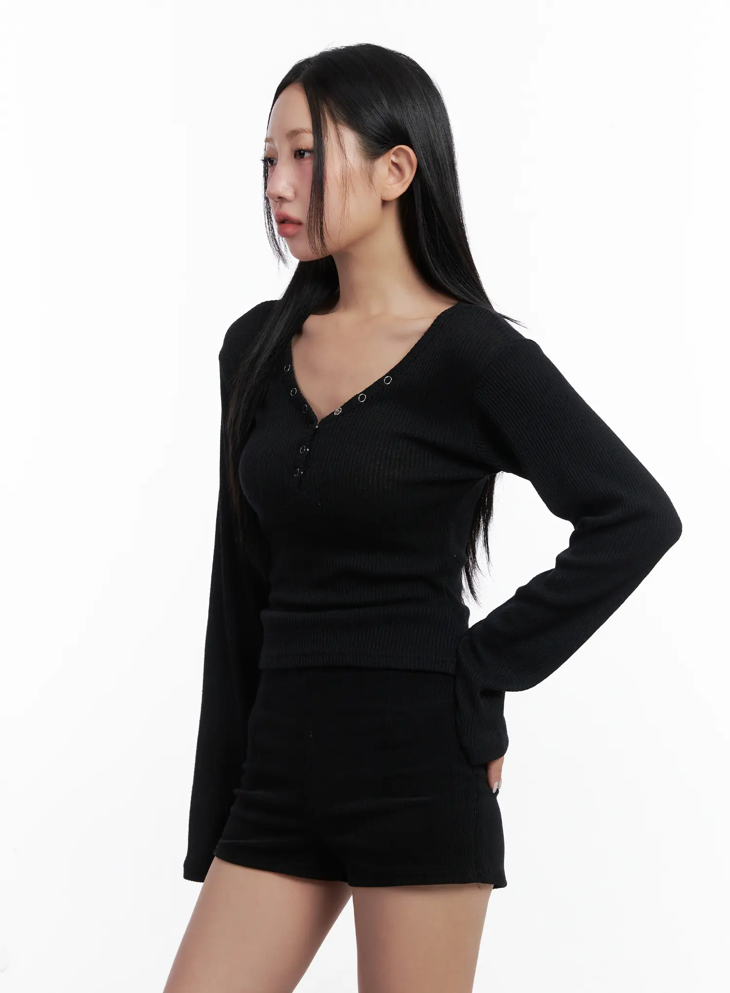 Ribbed V-Neck Slim Long Sleeve Top CN528 - Image 6