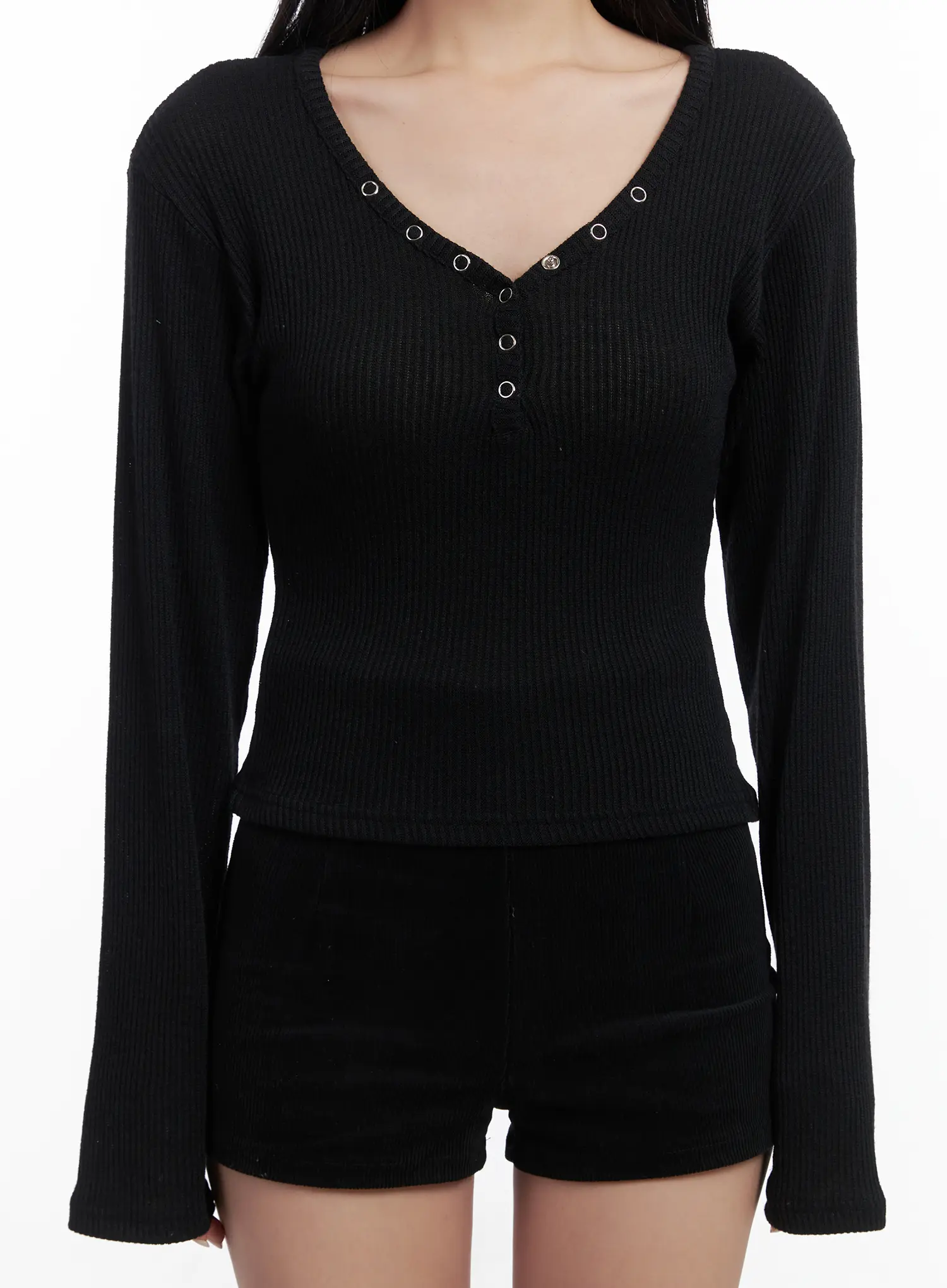 Ribbed V-Neck Slim Long Sleeve Top CN528 - Image 9