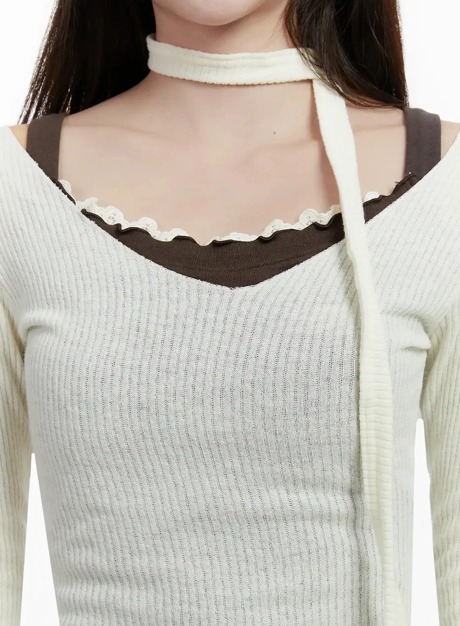 Ribbed V-Neck Top and Scarf Set IJ521 - Image 3