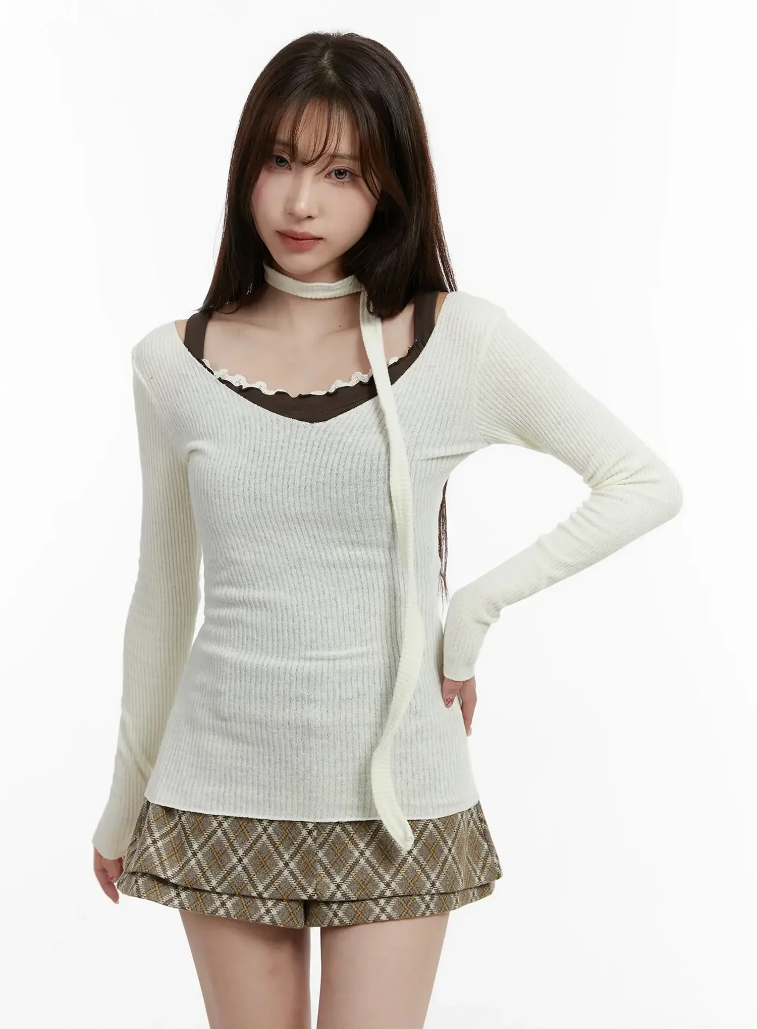 Ribbed V-Neck Top and Scarf Set IJ521 - Image 6