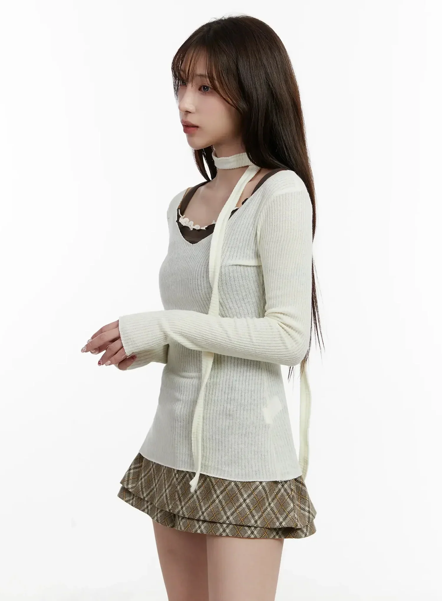 Ribbed V-Neck Top and Scarf Set IJ521 - Image 7