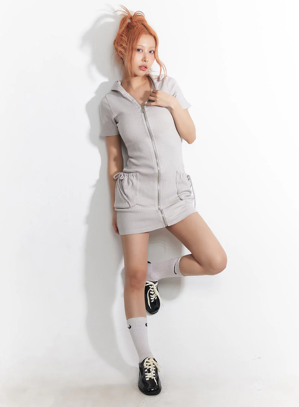 Ribbed Zip-Up Hooded Mini Dress IA517 - Image 2