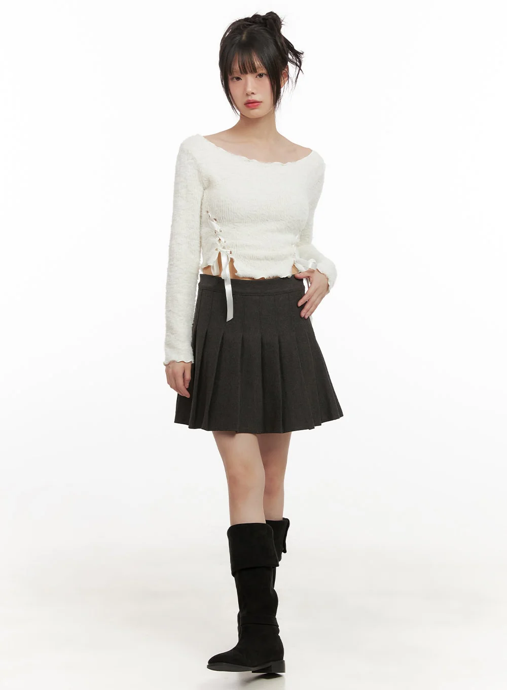 Ribbon Boat-Neck Long-Sleeve Crop Top CJ501 - Image 2