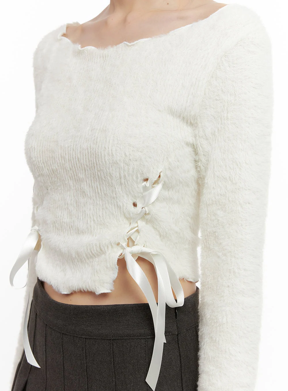 Ribbon Boat-Neck Long-Sleeve Crop Top CJ501 - Image 3