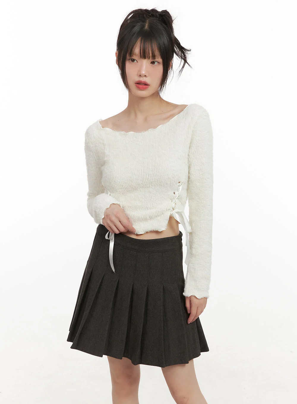Ribbon Boat-Neck Long-Sleeve Crop Top CJ501 - Image 8