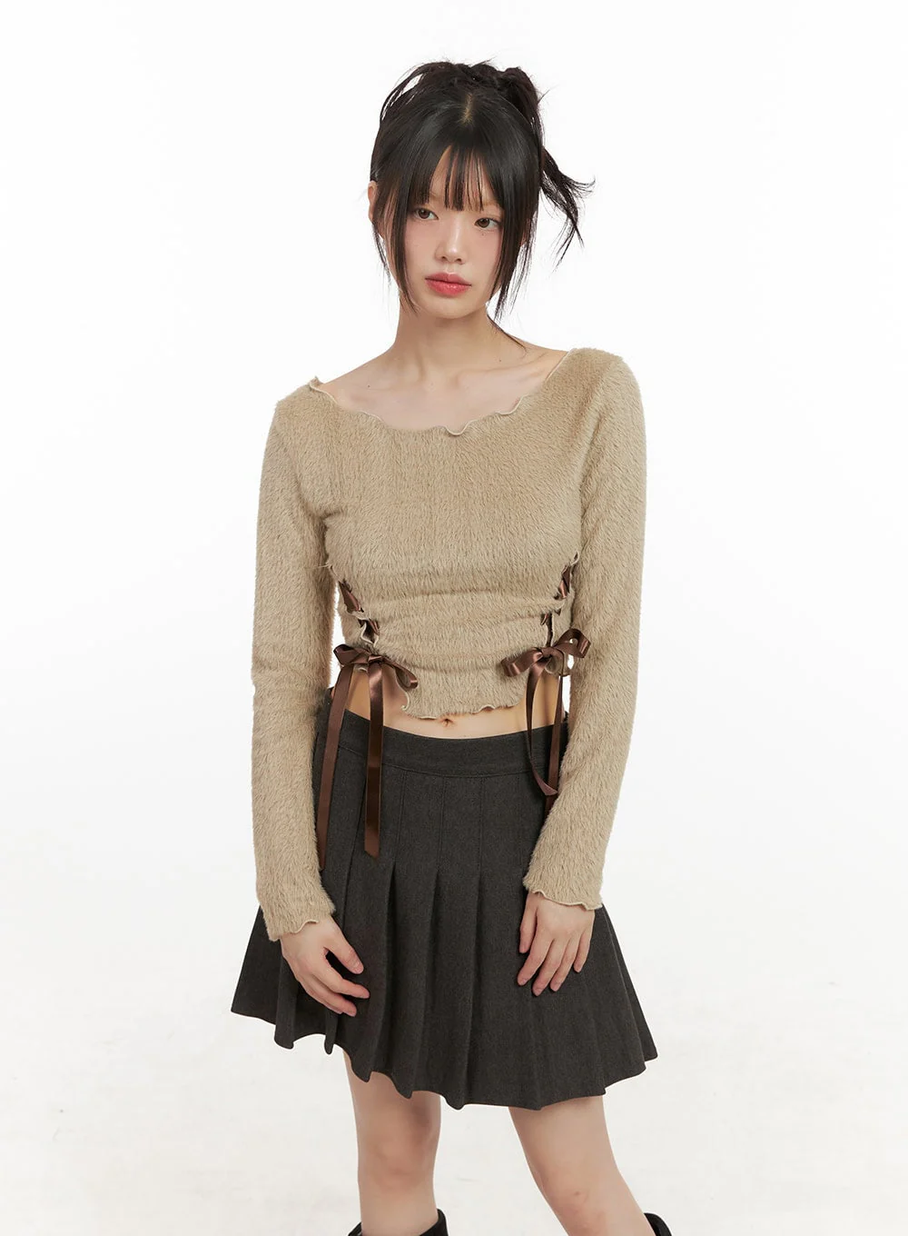 Ribbon Boat-Neck Long-Sleeve Crop Top CJ501 - Image 9