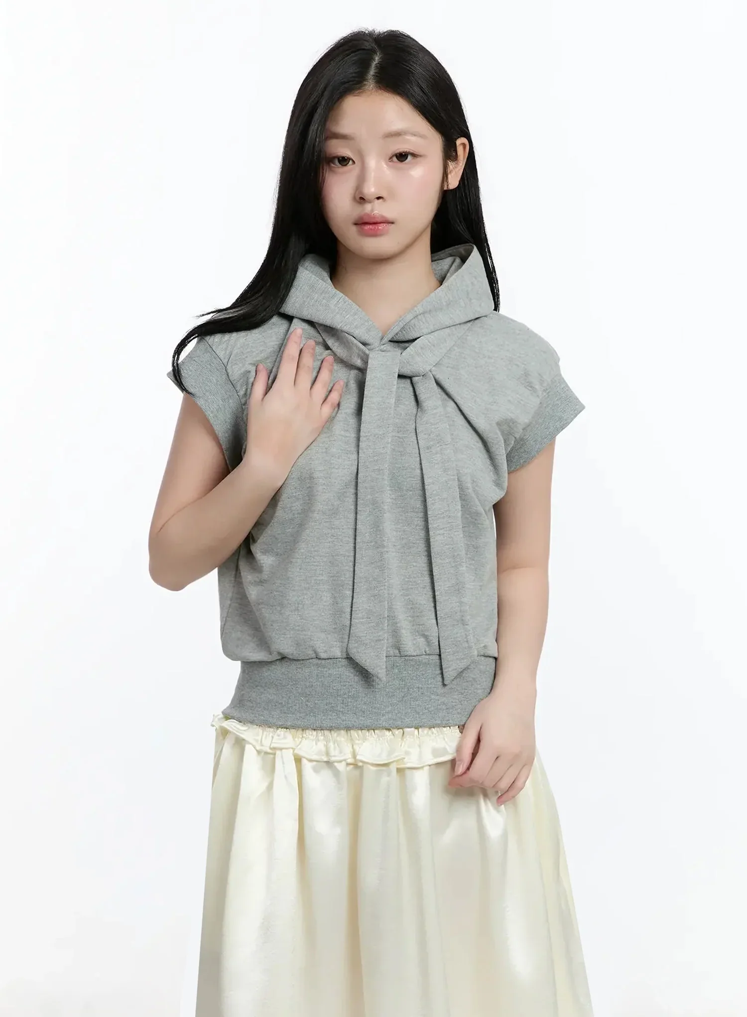 Ribbon Detail Short Sleeve Hoodie IM519 - Image 2