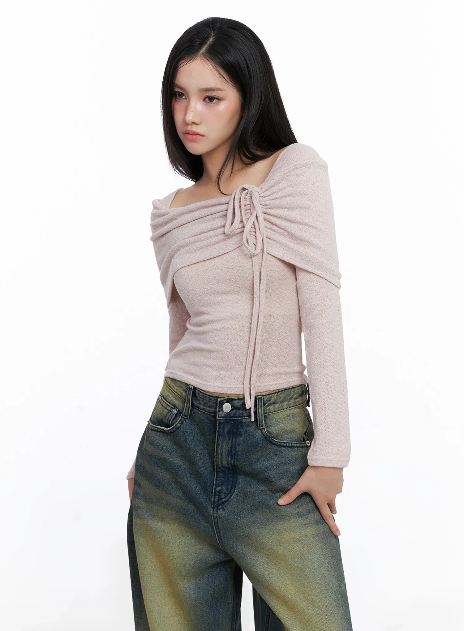 Ribbon Off-Shoulder Knit Top IS525 - Image 5