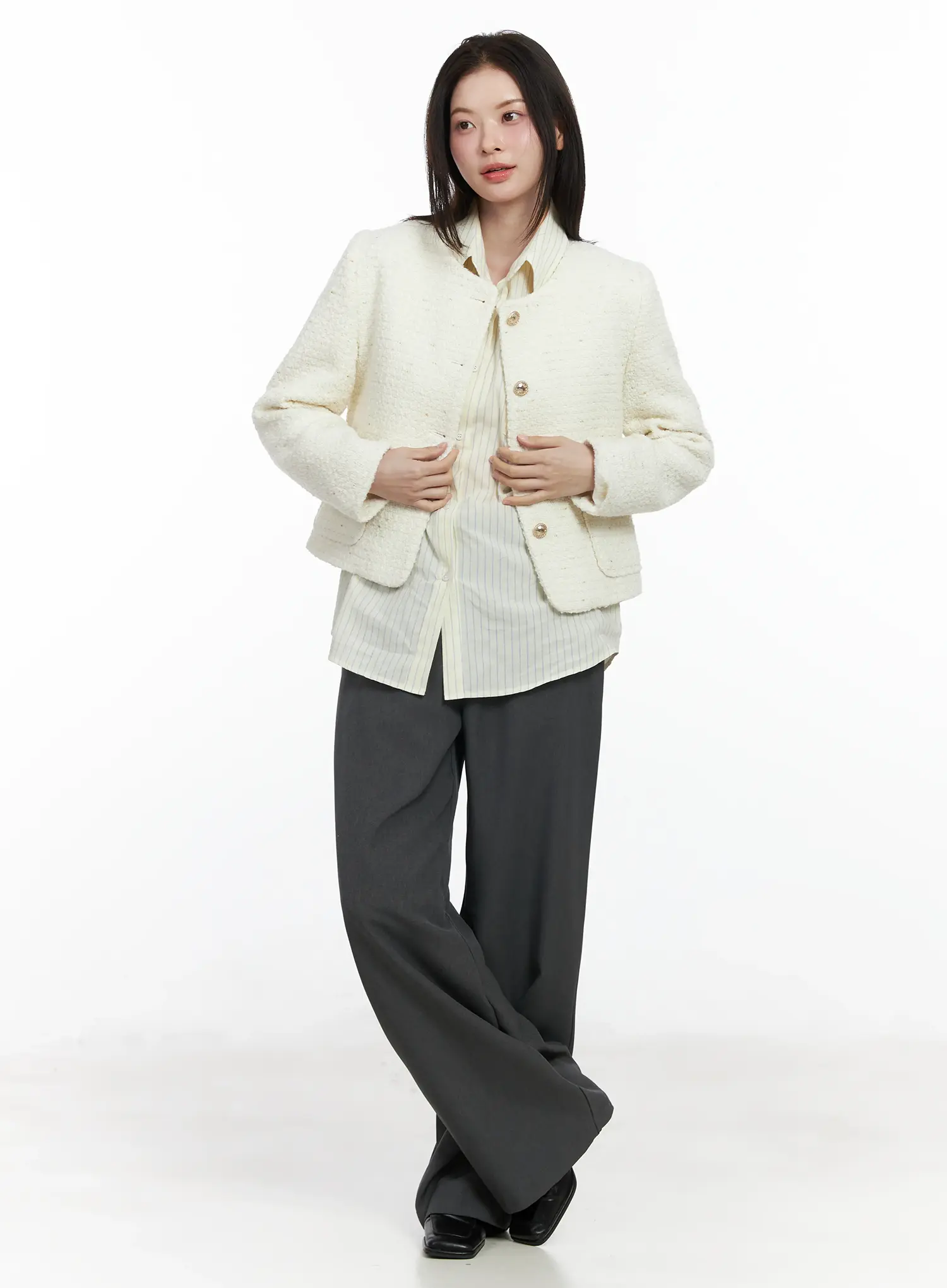 Round Neck Buttoned Tweed Jacket IF520 - Image 14
