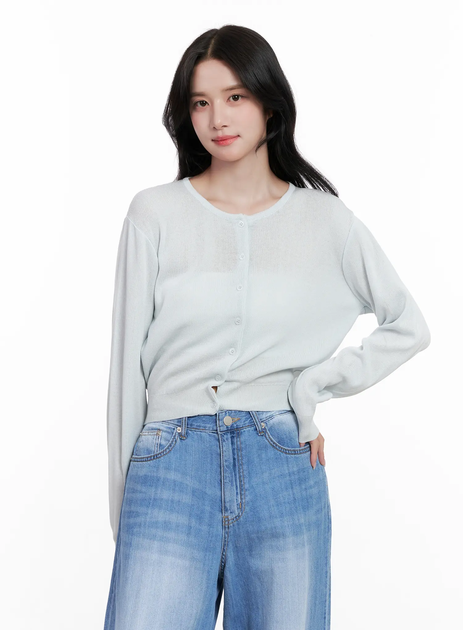 Round-Neck Mesh Knit Cardigan CL516 - Image 11