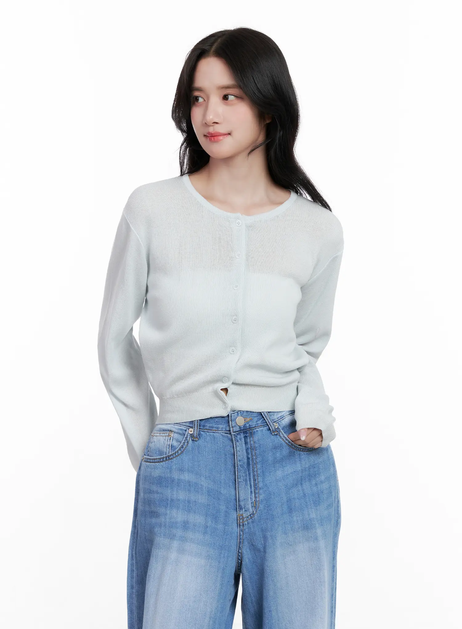 Round-Neck Mesh Knit Cardigan CL516 - Image 2