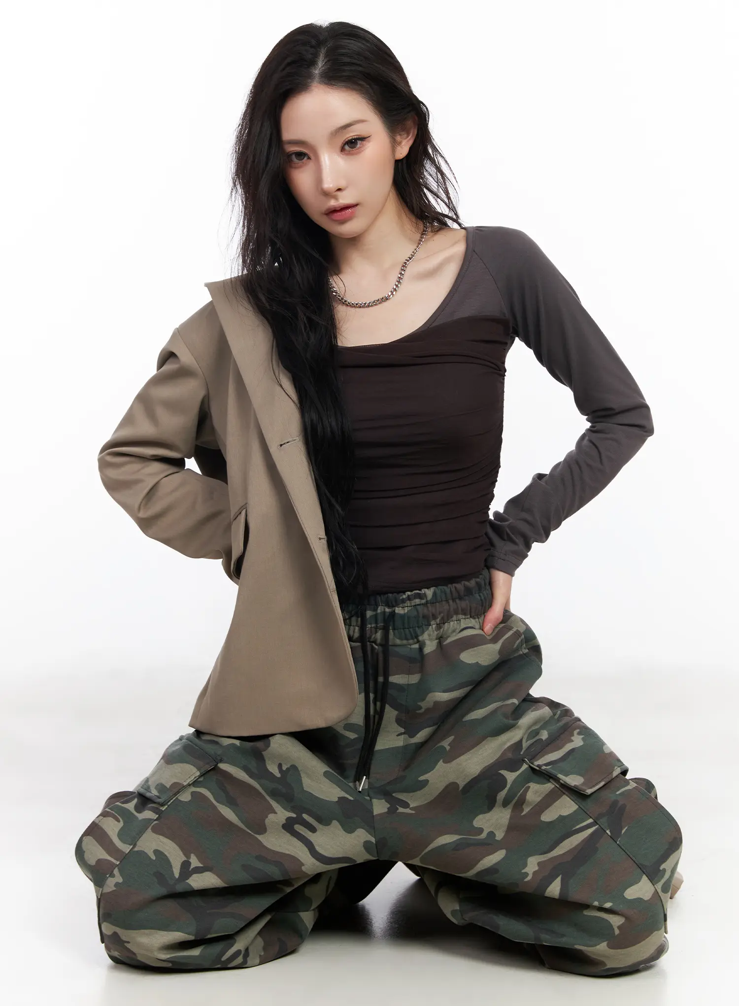 Ruched Chiffon Crop Long Sleeve Top CM518