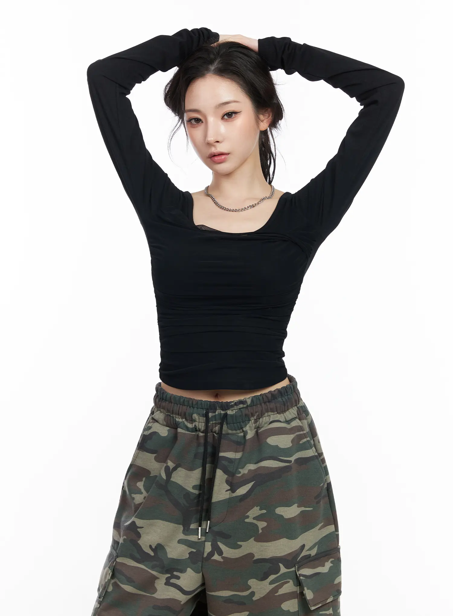 Ruched Chiffon Crop Long Sleeve Top CM518 - Image 2