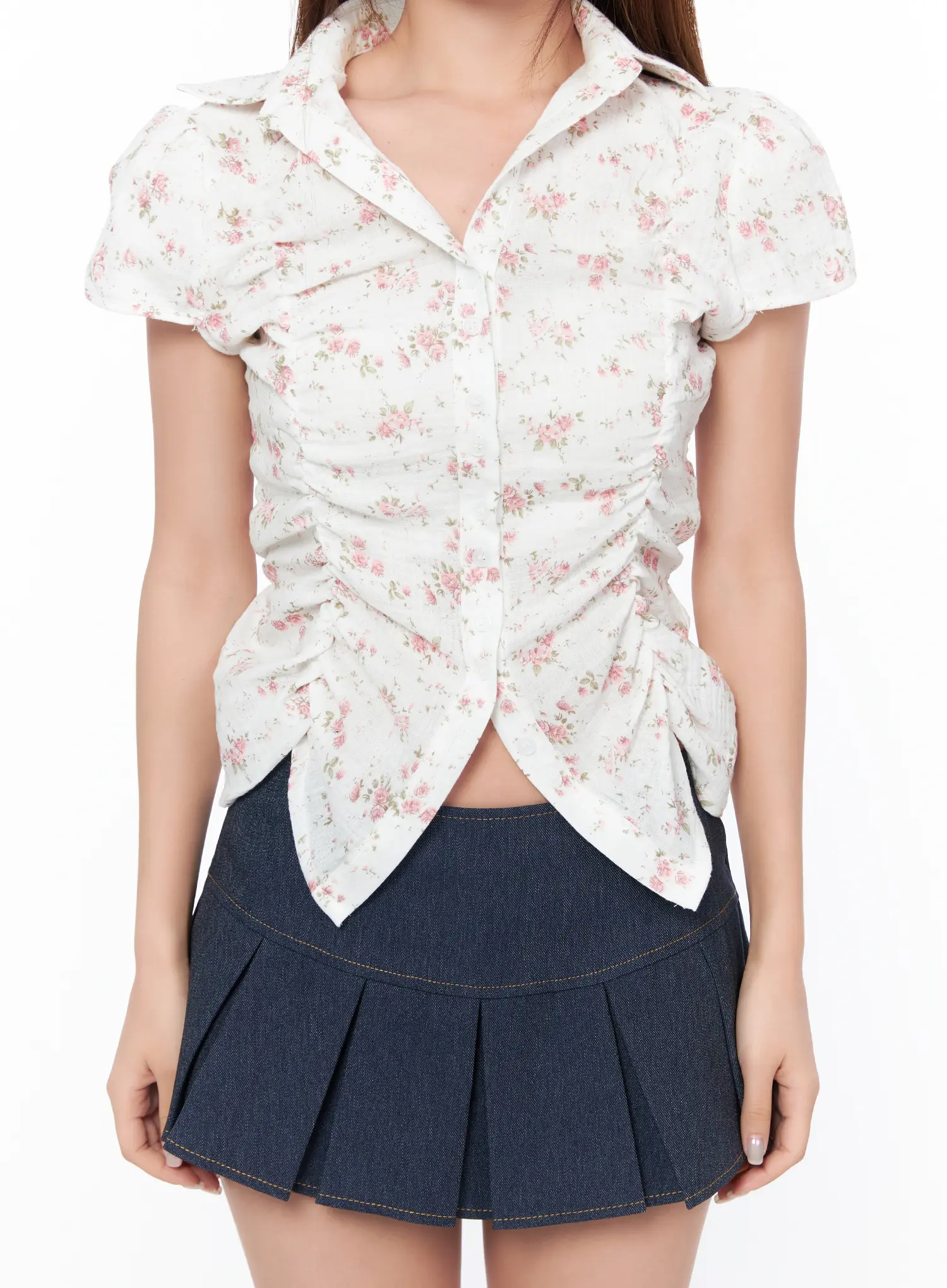 Ruched Floral Button-Up Blouse CA514 - Image 4