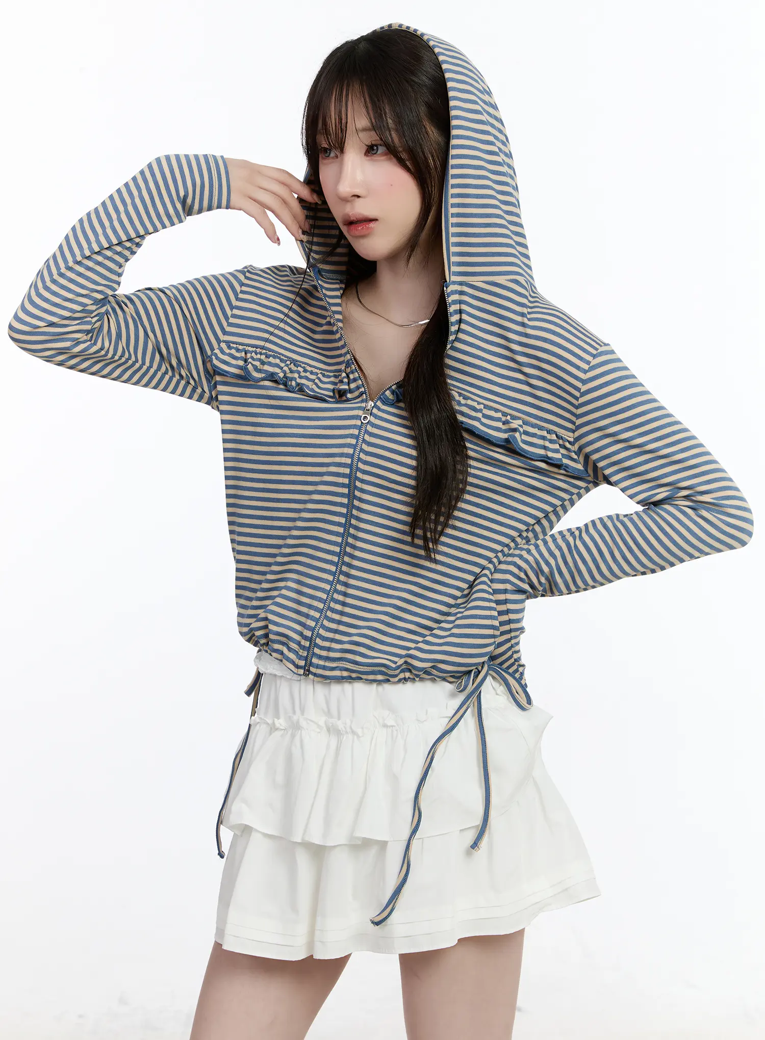 Ruffle Detailed Zip-Up Hoodie CA502