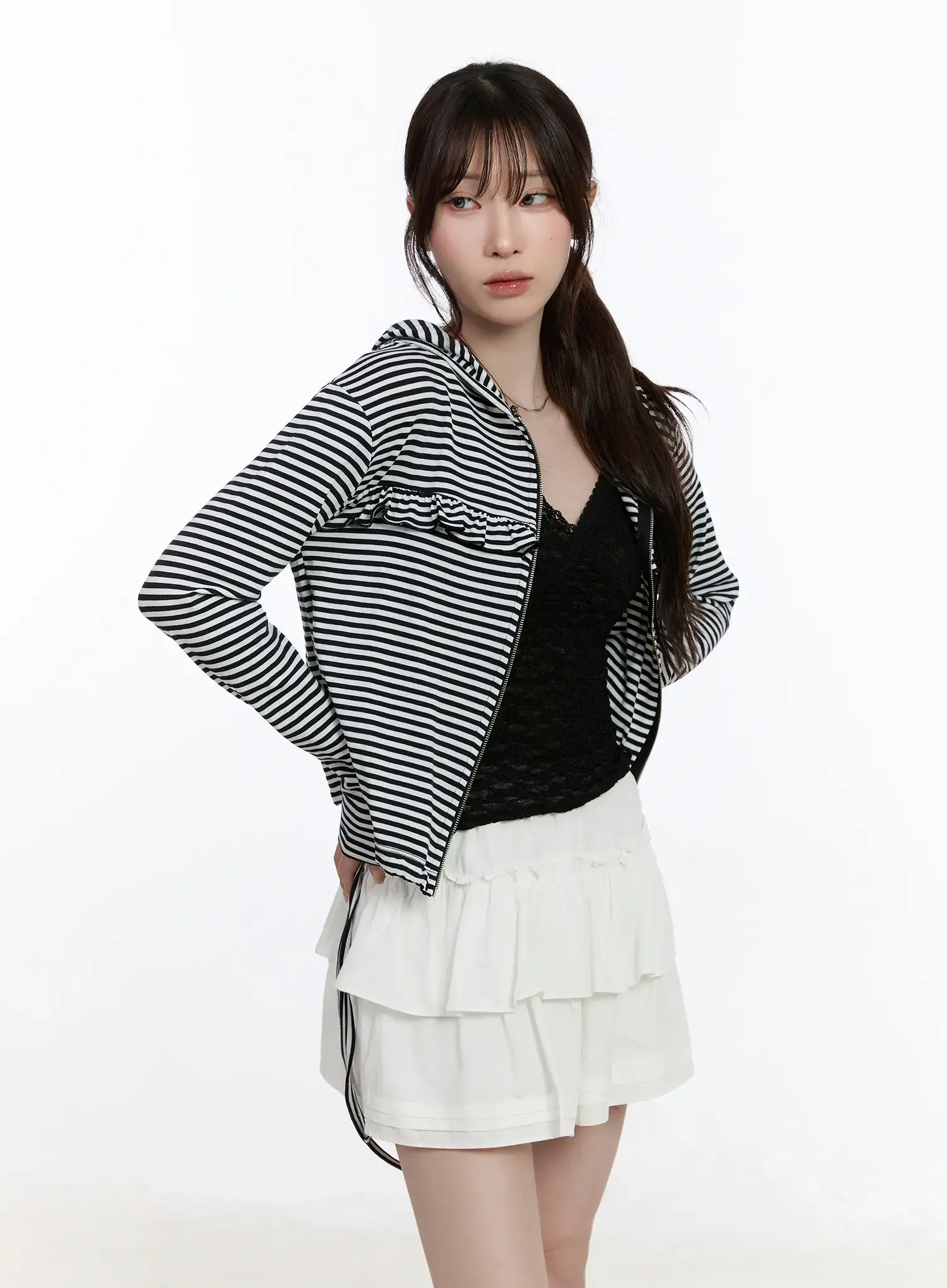 Ruffle Detailed Zip-Up Hoodie CA502 - Image 2