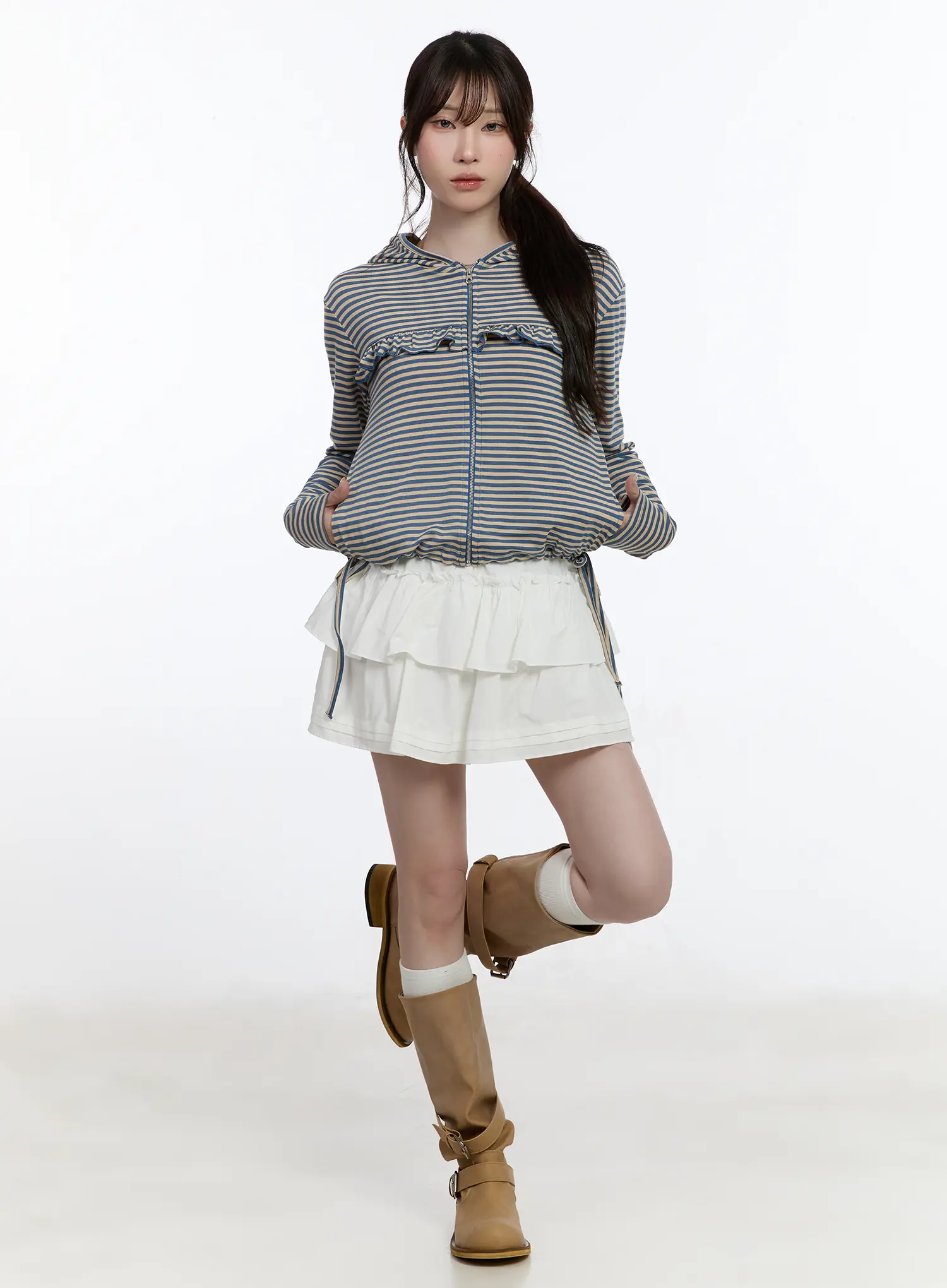 Ruffle Detailed Zip-Up Hoodie CA502 - Image 3