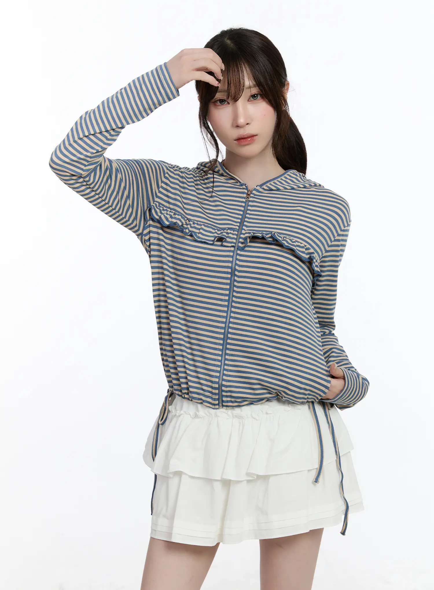Ruffle Detailed Zip-Up Hoodie CA502 - Image 6