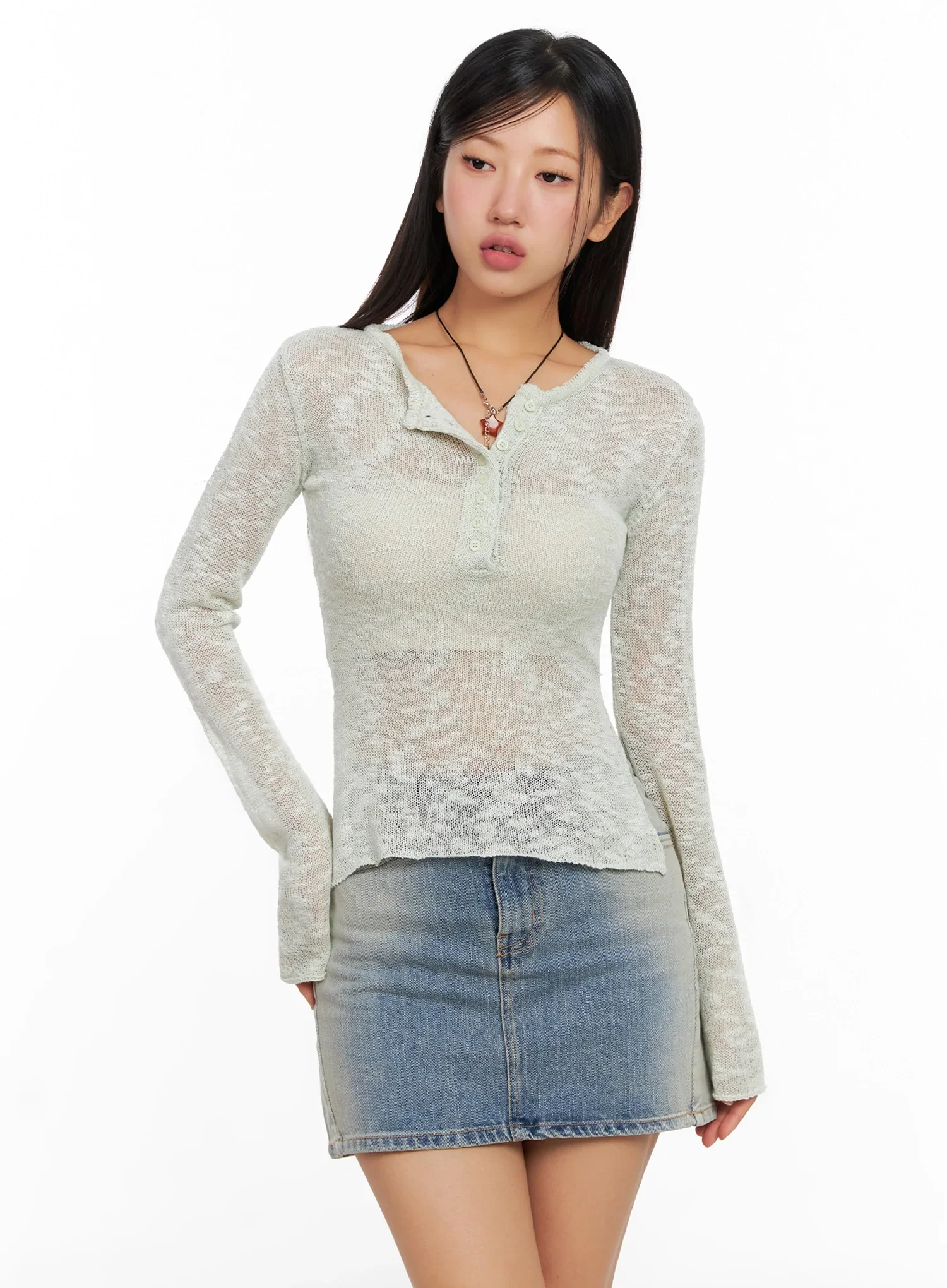 Sheer Buttoned Neck Long Sleeve Top IG527 - Image 2