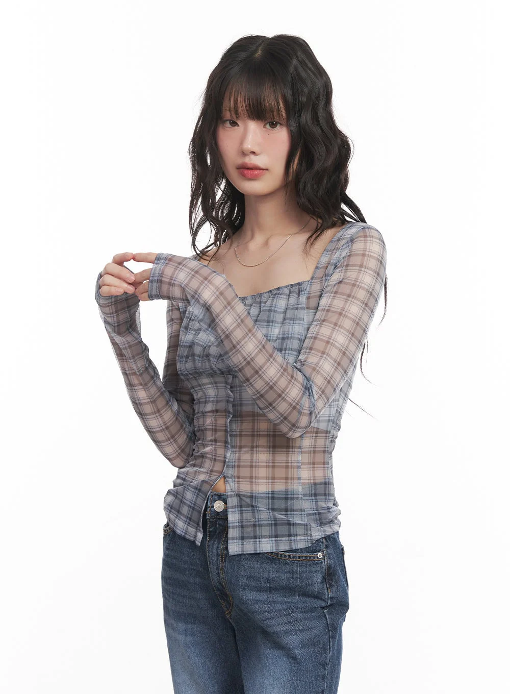 Sheer Checkered Square Neck Crop Top CM520 - Image 10